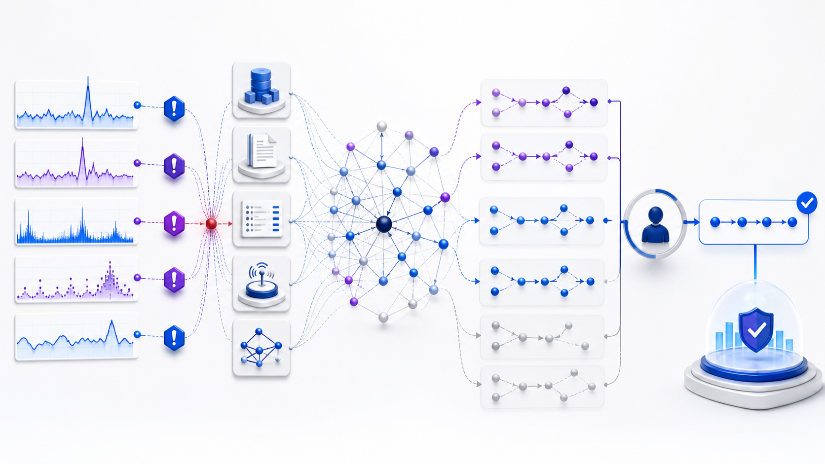 AI root cause analysis workflow from anomaly signals through evidence correlation, candidate causal paths, human verification, and corrective action