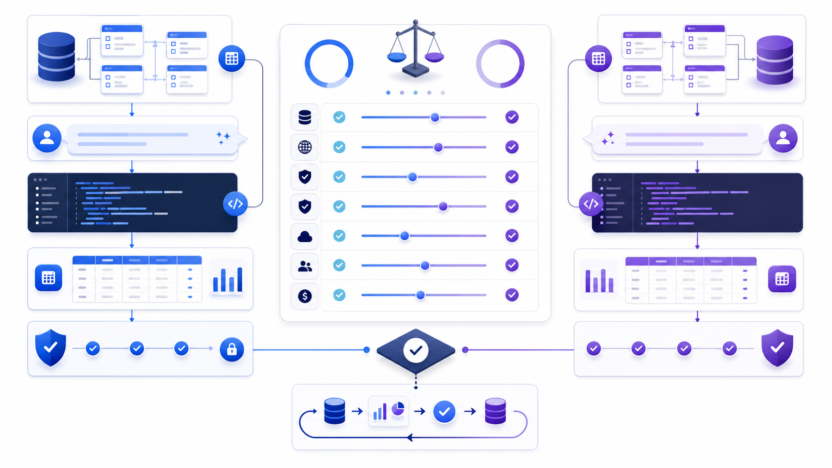Two text-to-SQL workflows compared across schema grounding, SQL generation, result validation, security, collaboration, deployment, and cost
