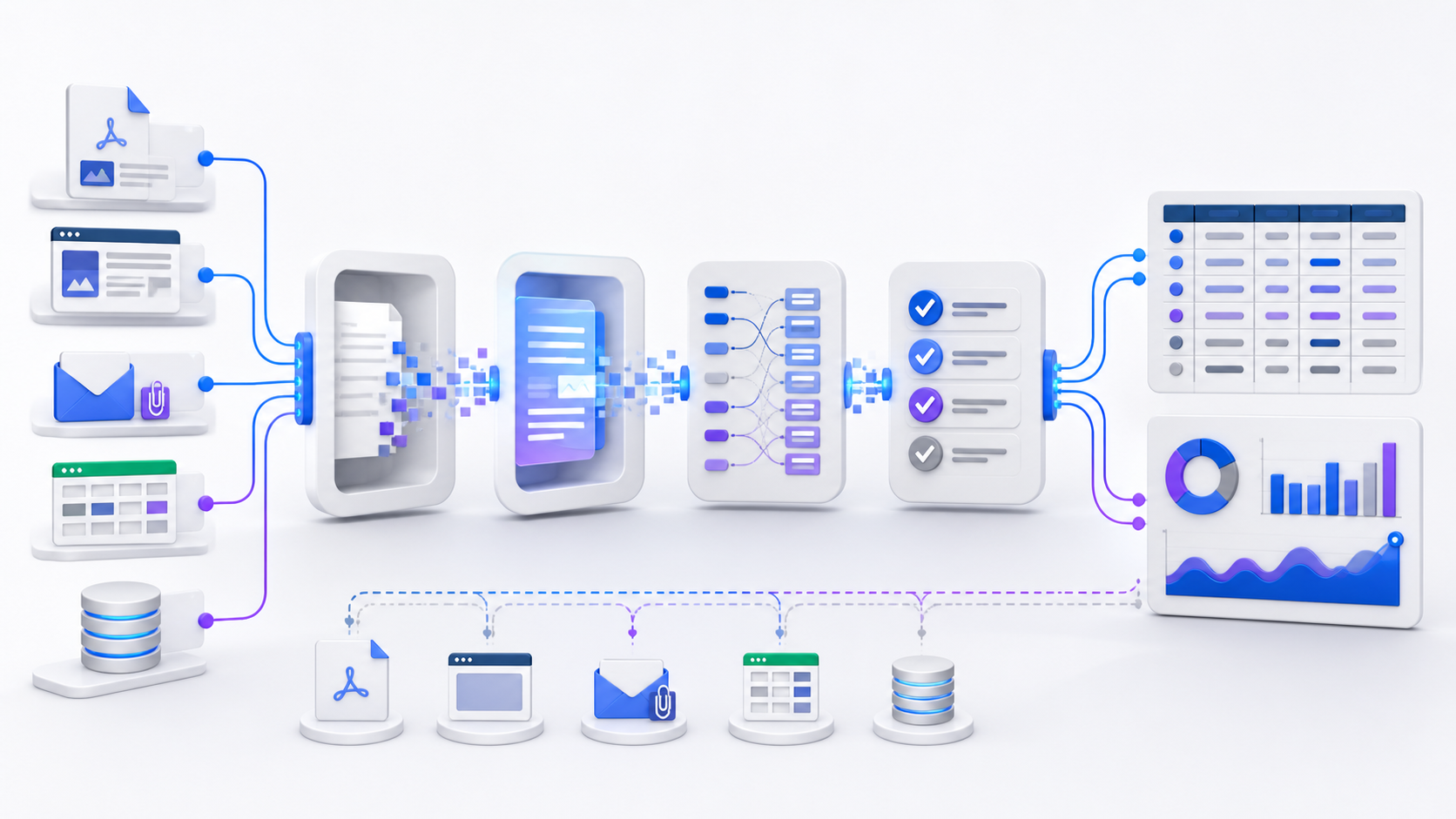 Automated data extraction workflow connecting documents, web pages, email, spreadsheets, and databases to validated structured tables and analytics