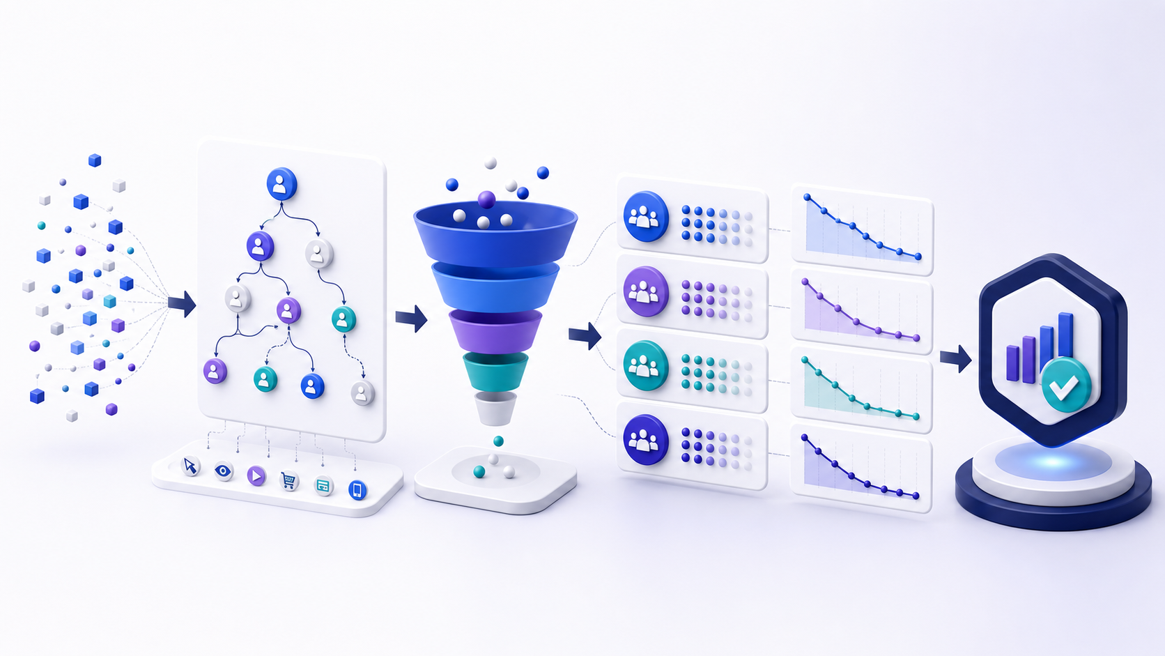 Behavioral analytics workflow from event streams through user paths, funnels, cohorts, and retention curves to a verified product decision