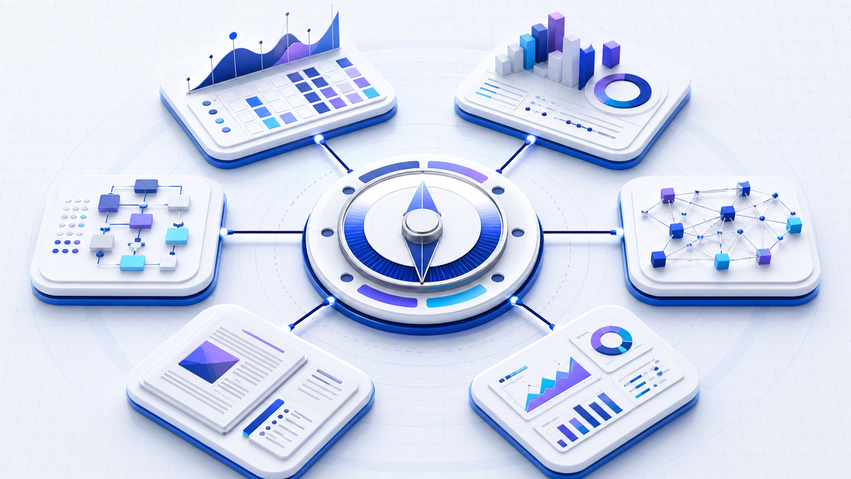Decision compass connecting six specialized SEO tool workstations for performance, research, crawling, content, links, and reporting