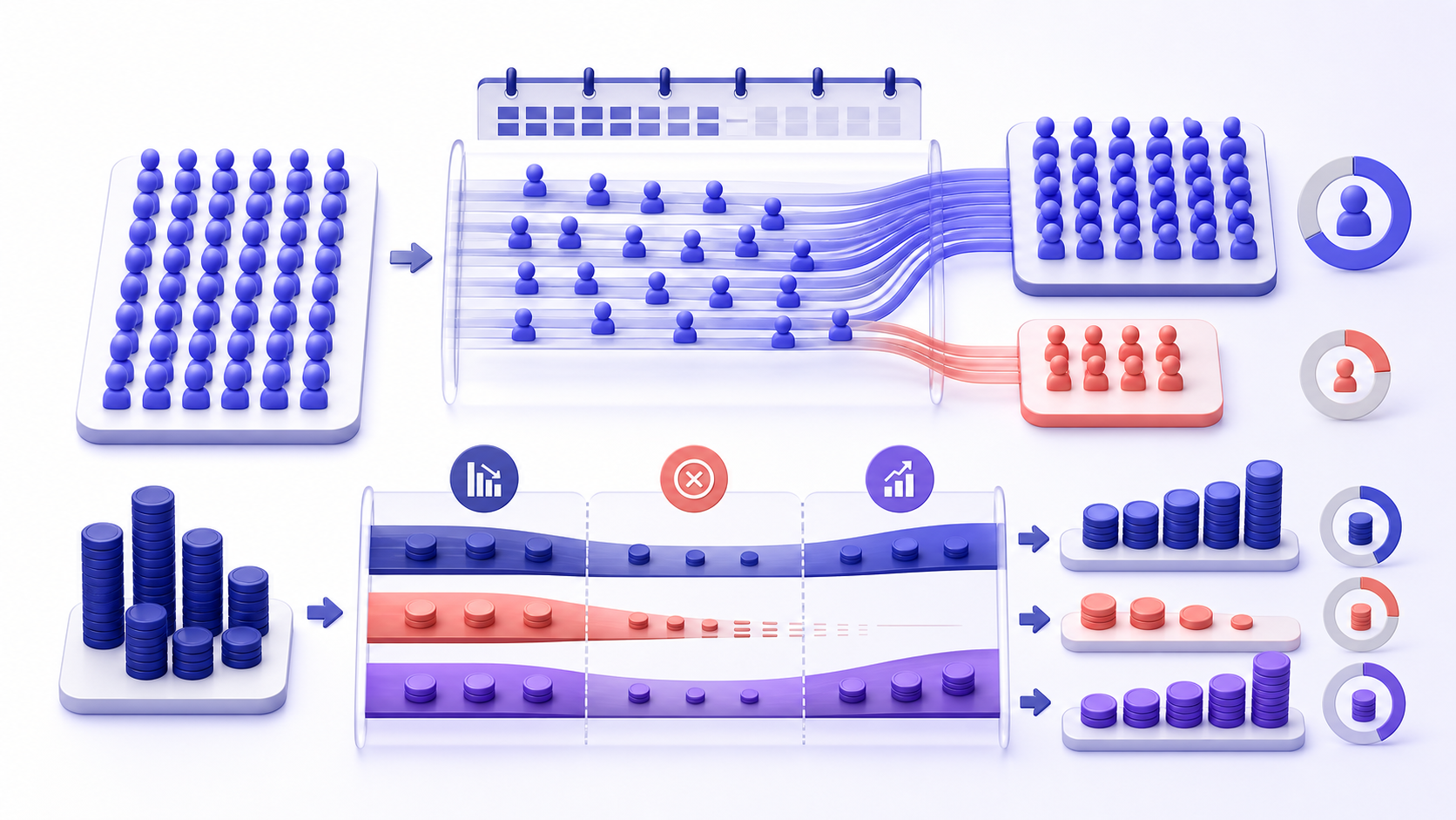 Churn rate formula visual showing a starting customer cohort split into retained and lost groups, with parallel recurring-revenue loss and expansion flows
