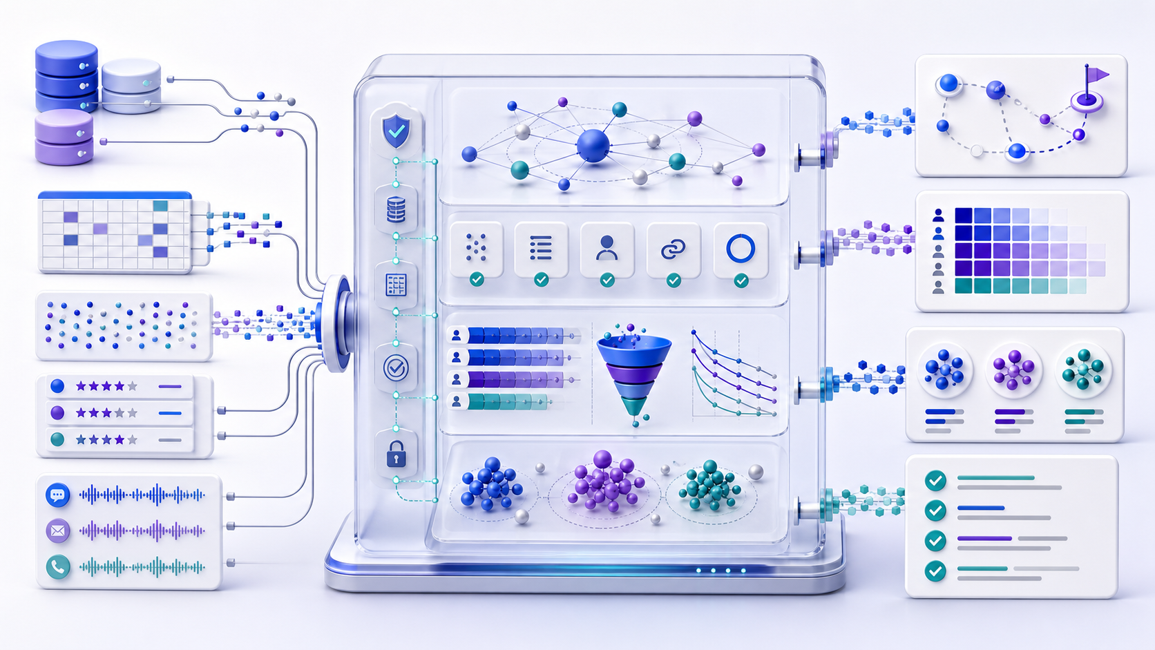 Customer analytics software workflow from governed data inputs to journey, retention, segmentation, and validated decisions