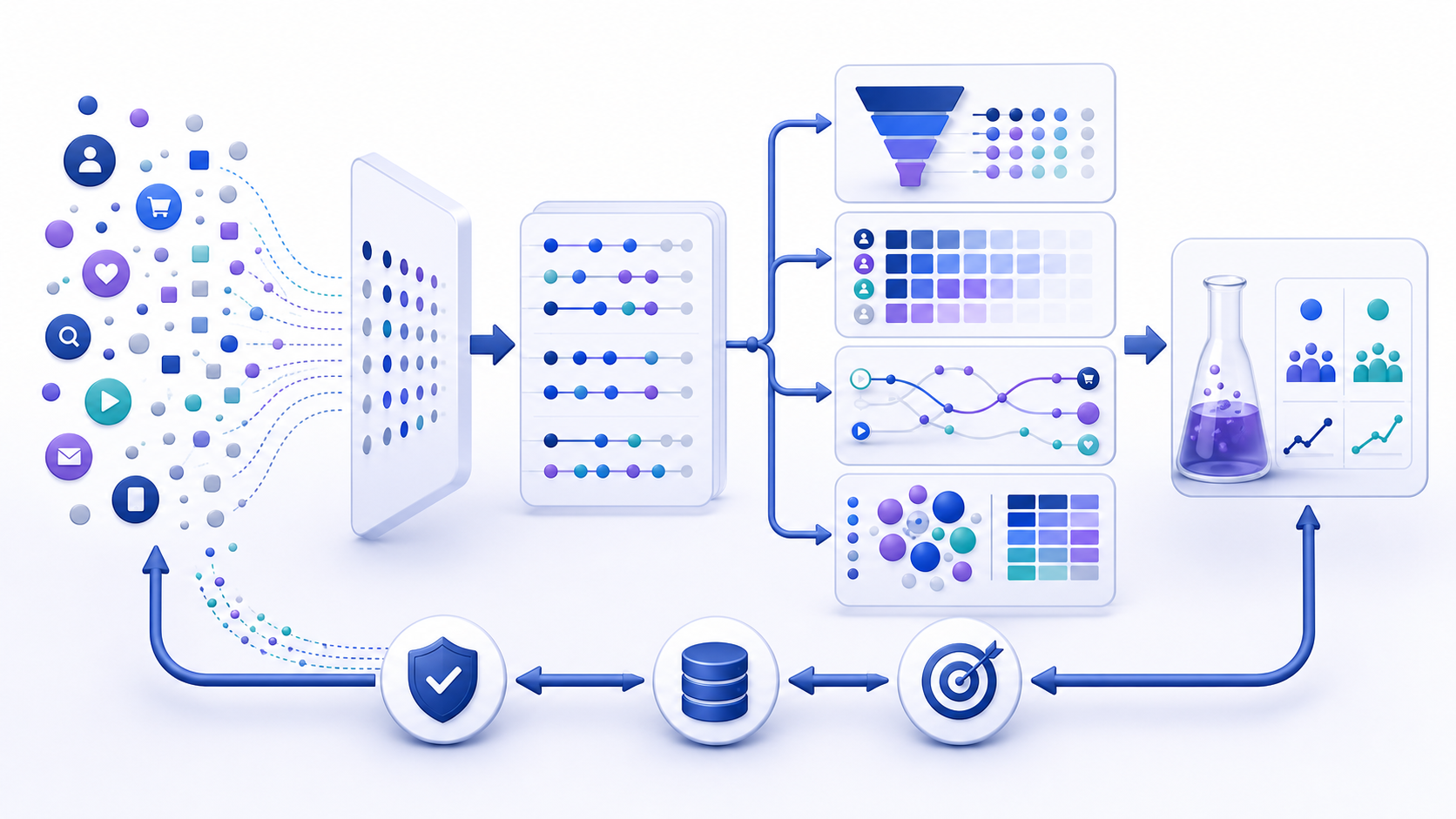 Customer behavior analysis workflow from interaction events through timelines, funnels, cohorts, journeys, RFM patterns, and validated experiments
