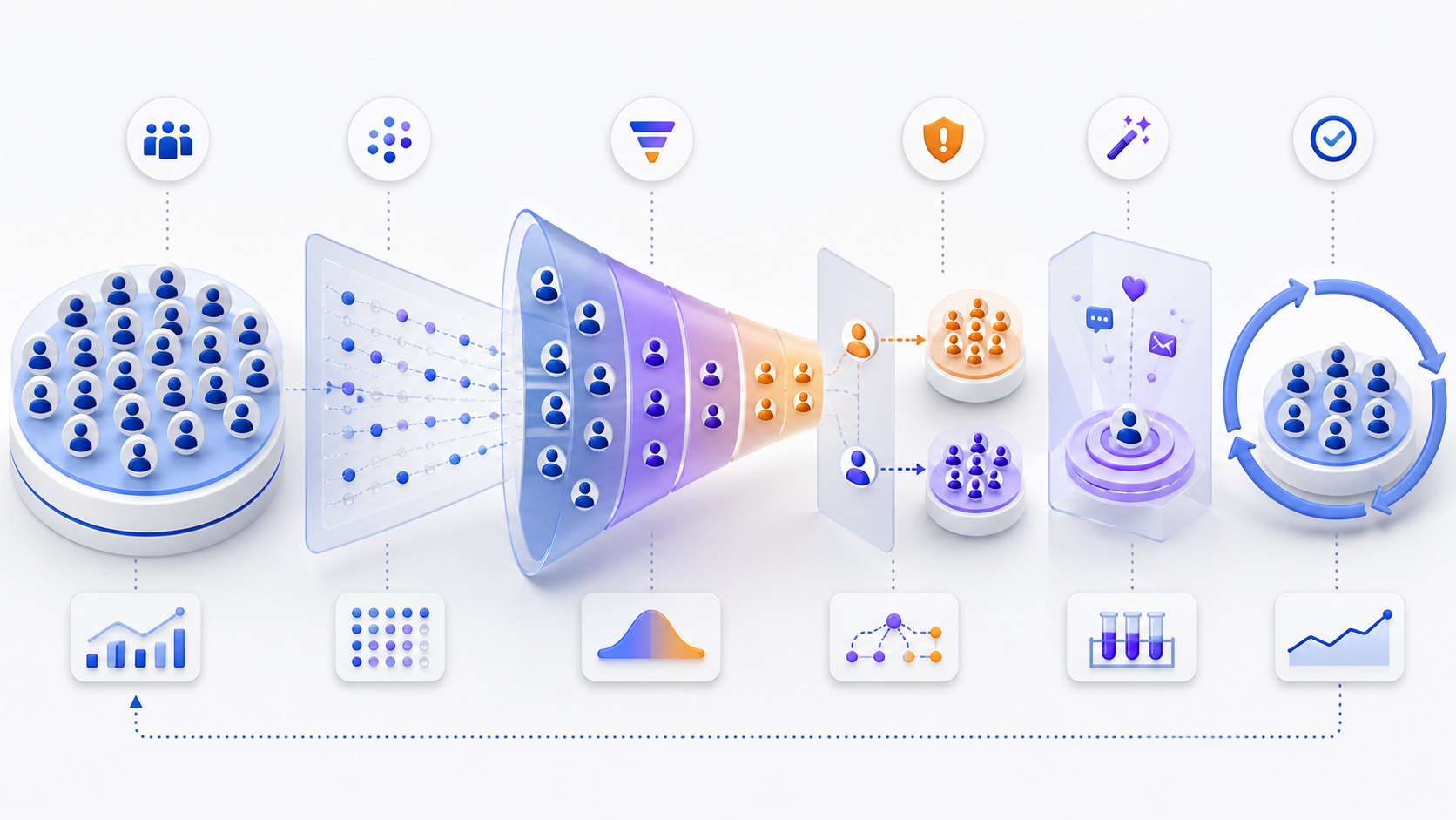 Customer churn analysis workflow showing a customer cohort, observable signals, risk funnel, segments, intervention, and retention validation loop