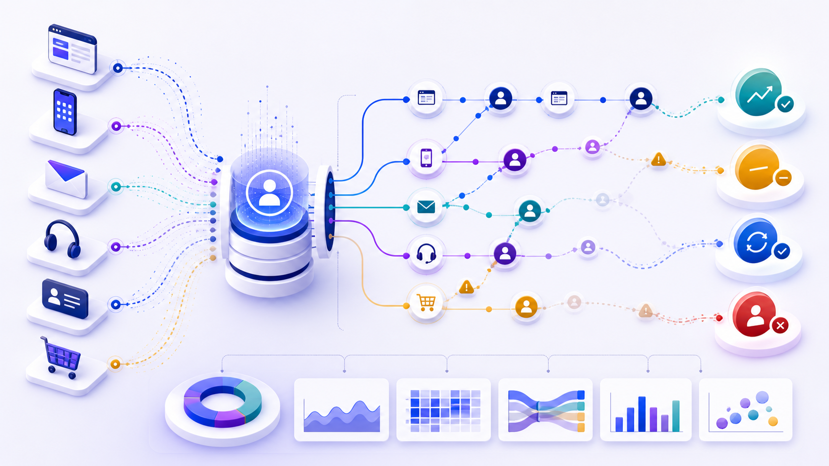 Customer journey analytics flow linking web, app, email, support, CRM, and purchase touchpoints through identity resolution to conversion, retention, and churn outcomes