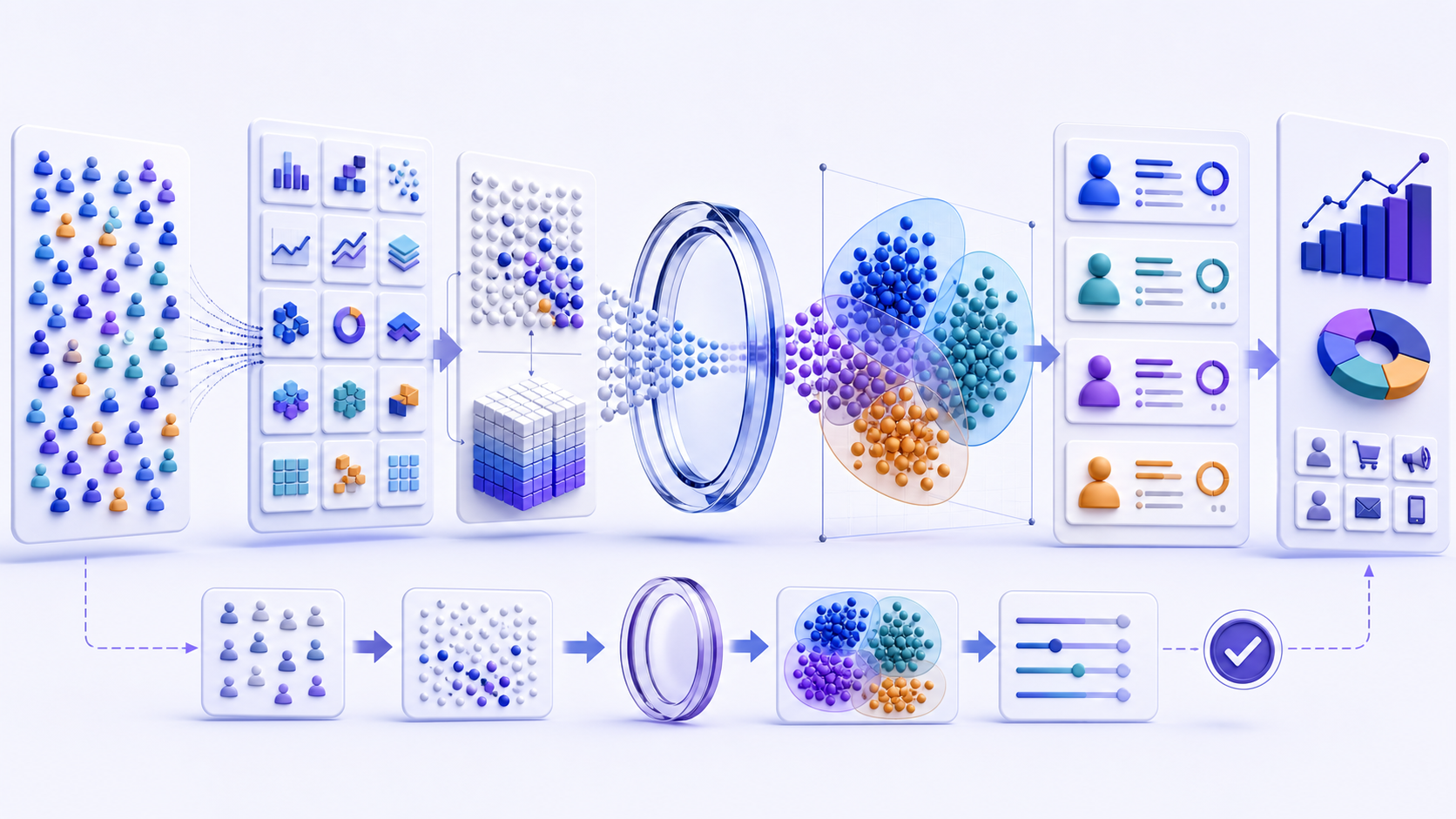 Customer segmentation analysis workflow from governed features and method selection to interpretable segments, validation, and activation tests