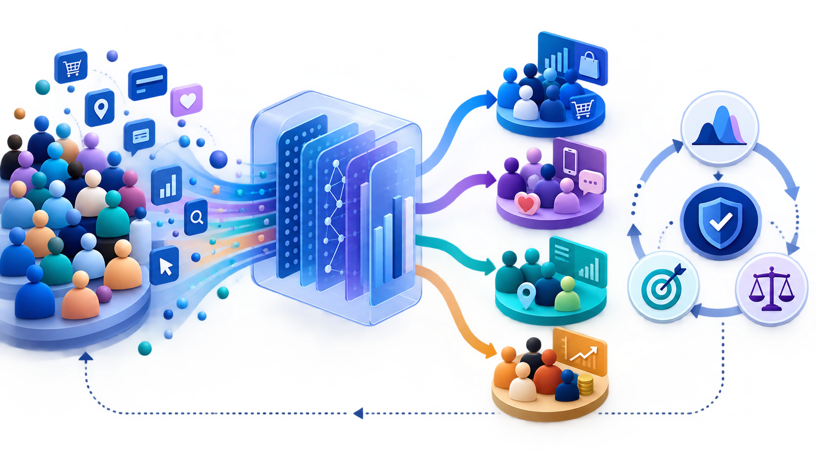 Customer segmentation strategy connecting business decisions, segmentation types, usable groups, activation, and learning
