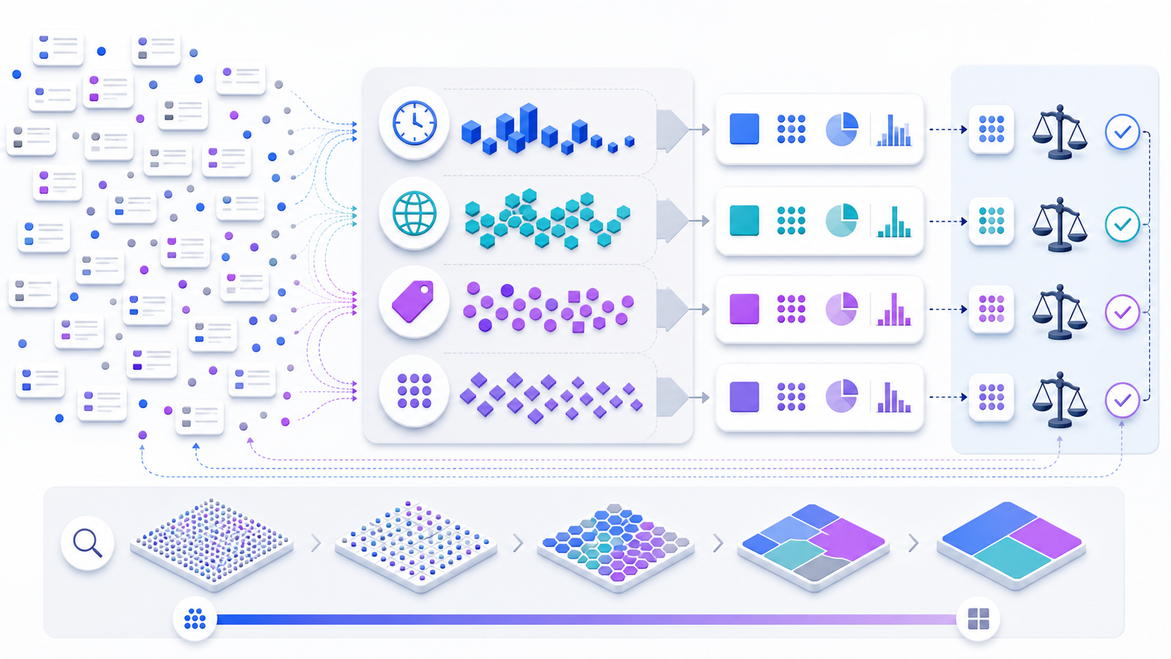 Data aggregation workflow showing detailed records grouped by time, region, and category, summarized into measures, and reconciled with source totals