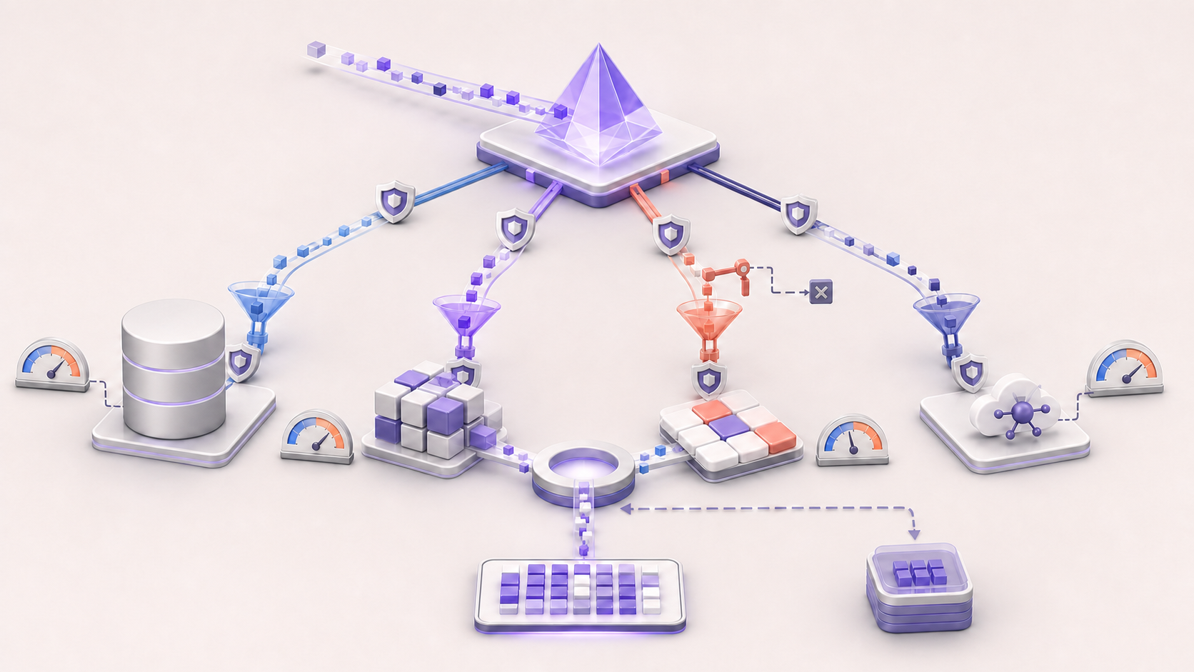 Data federation architecture decomposing one query across autonomous sources with source-side filters, policy checks, failure isolation, result merging, and optional materialization