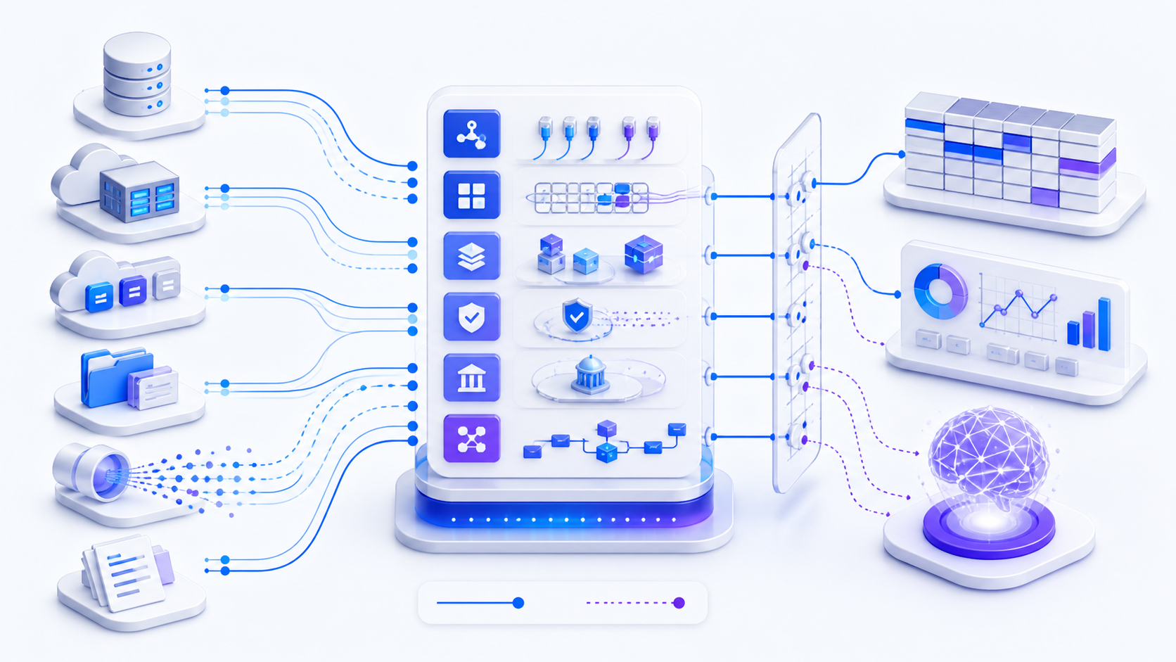 Multiple data sources flowing through mapping, transformation, quality, and governance layers into unified analytics and AI outputs