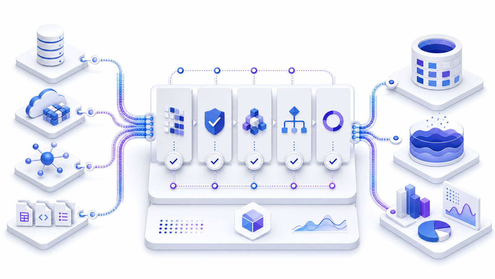 Data integration architecture showing databases, cloud sources, APIs, and files flowing through mapping, quality, transformation, orchestration, and monitoring into unified analytics destinations