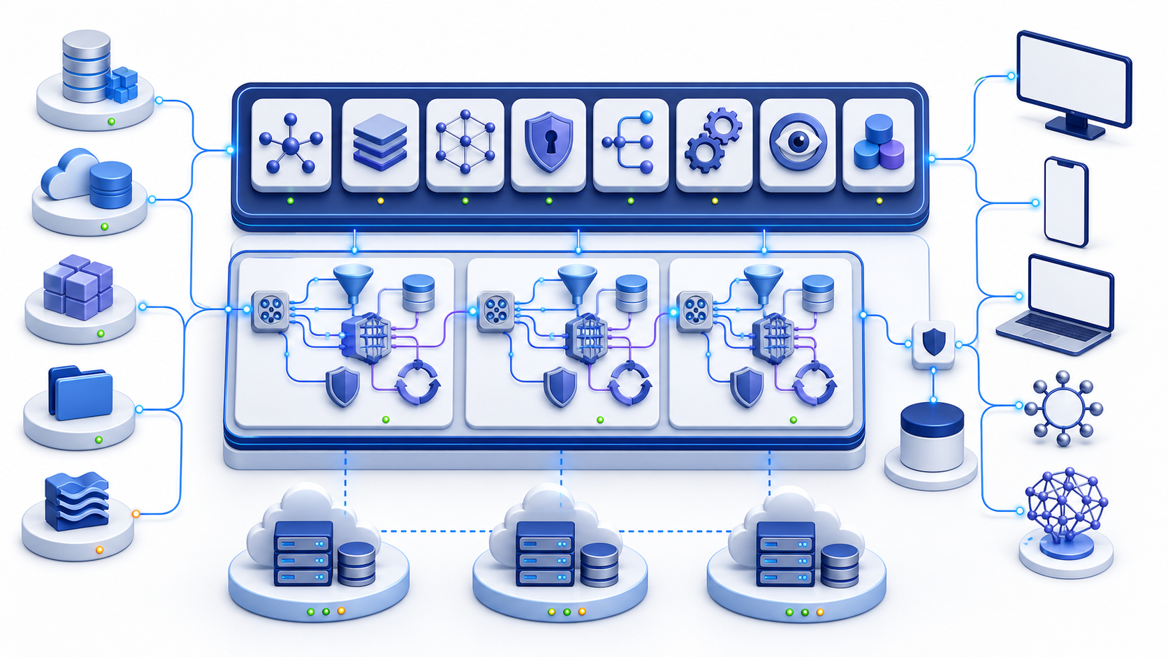 Data virtualization platform blueprint separating control-plane governance from isolated execution zones, distributed sources, and governed consumers