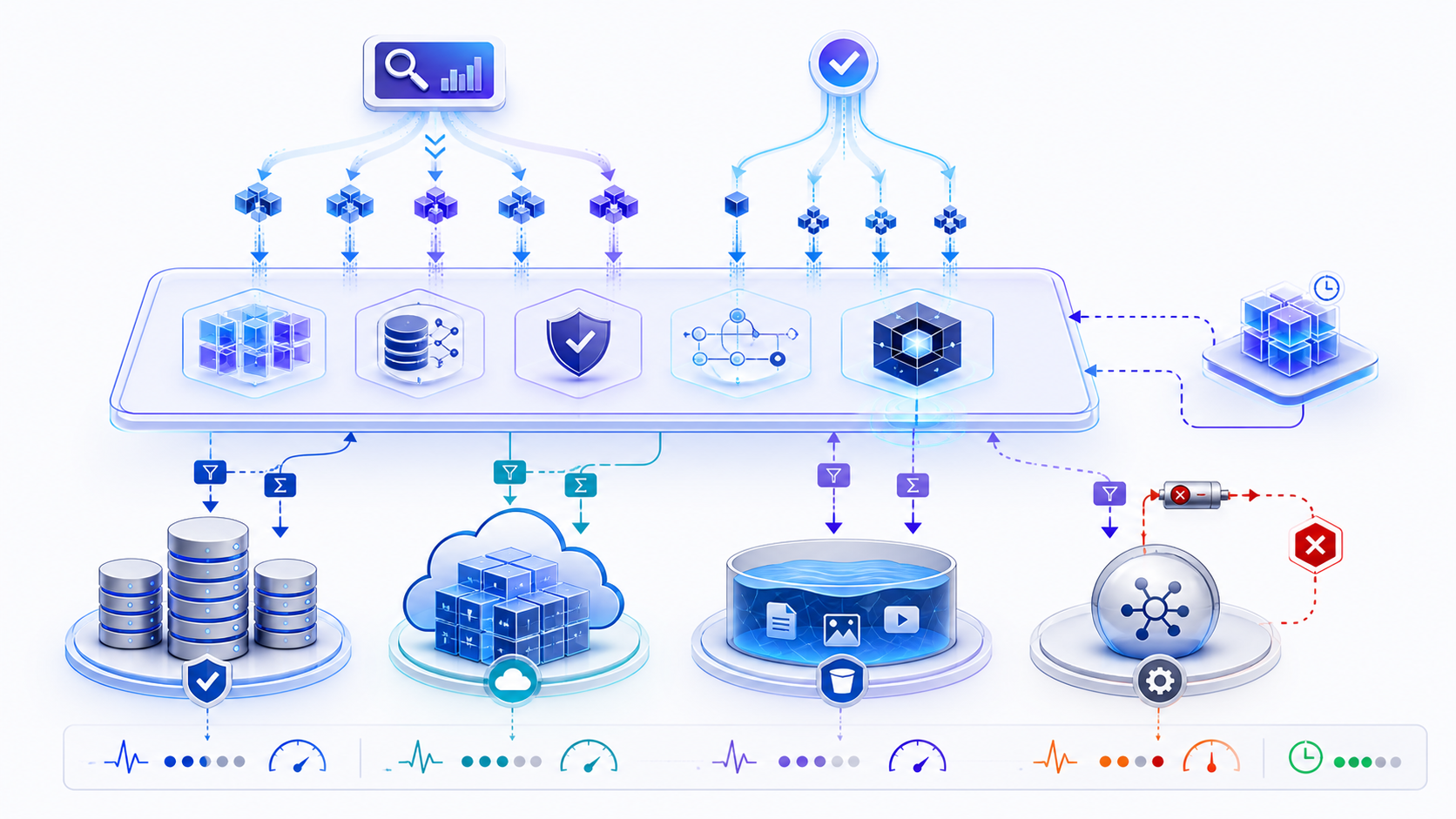 Data virtualization architecture routing a governed query through metadata, policy, optimization, pushdown, optional cache, and heterogeneous live data sources