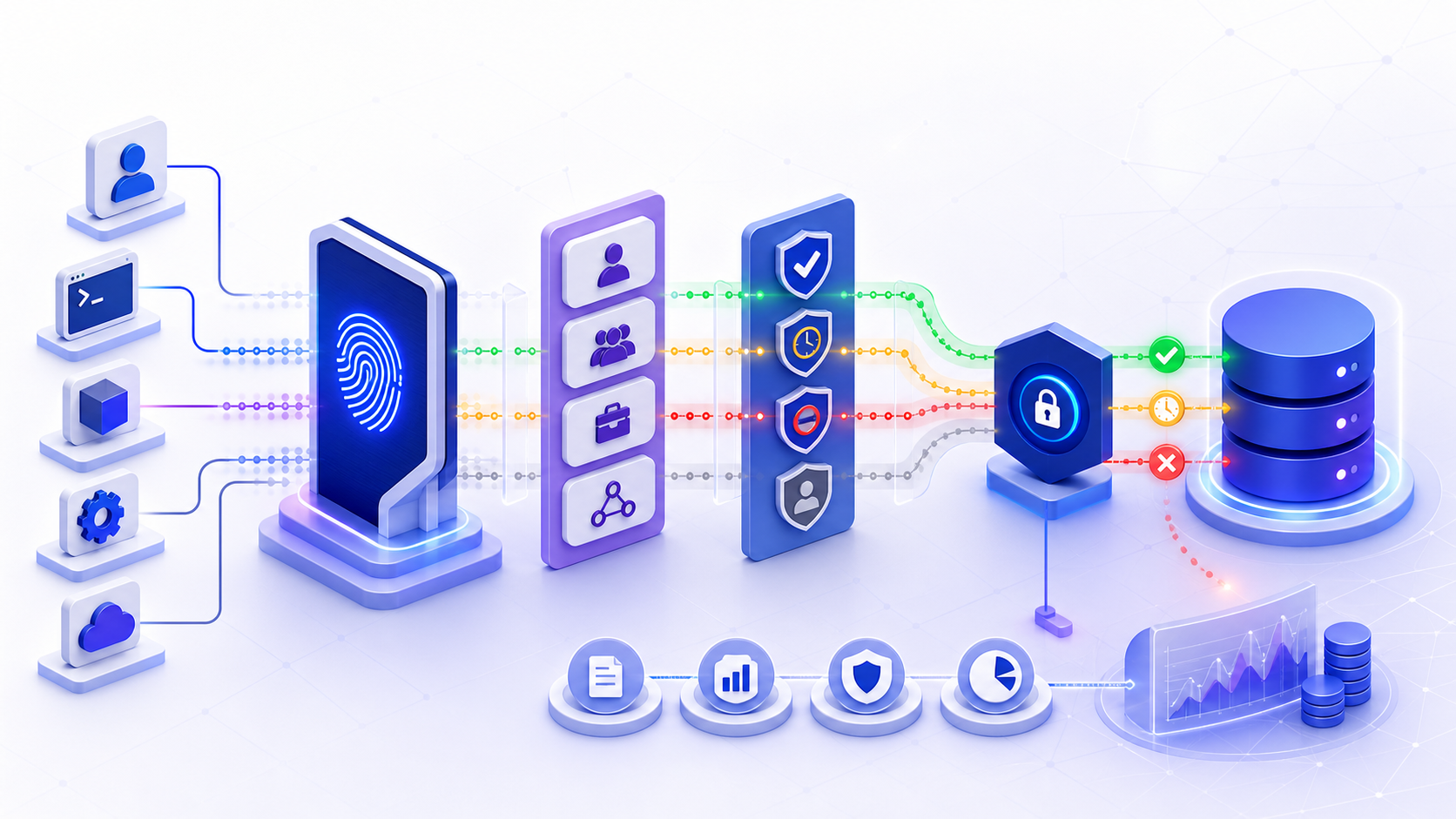 Database access paths pass through identity verification, role and policy decisions, time limits, denial controls, and audit evidence before reaching a database