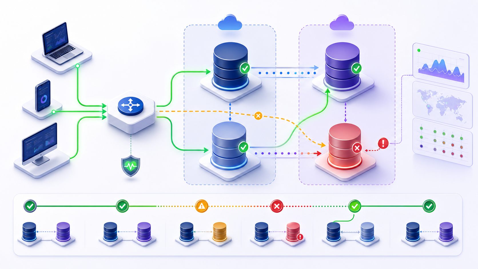 A highly available database routes clients across replicated nodes in separate zones, fails over from a degraded node, and records availability and recovery evidence