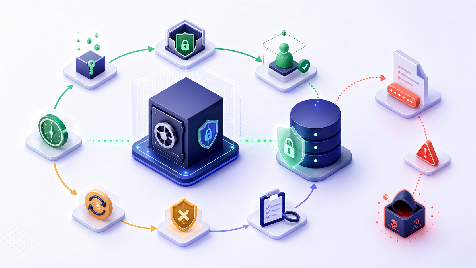 A secure database credential lifecycle moves secrets through a vault, workload delivery, authentication, rotation, revocation, and audit while isolating an exposed configuration file