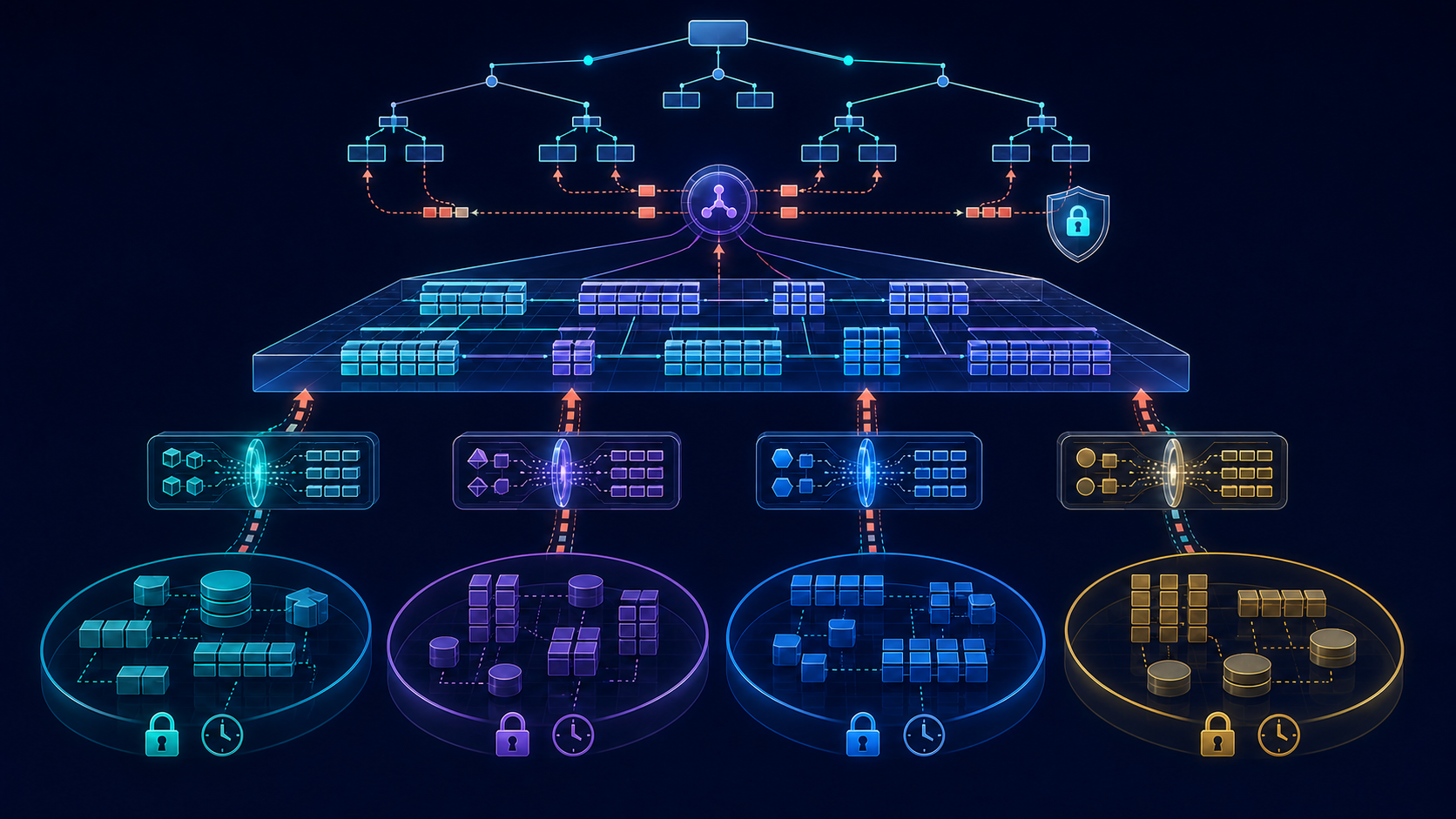 Database federation architecture mapping four autonomous local database schemas through wrappers into a mediated global schema while decomposed subqueries are pushed down and selected results are joined