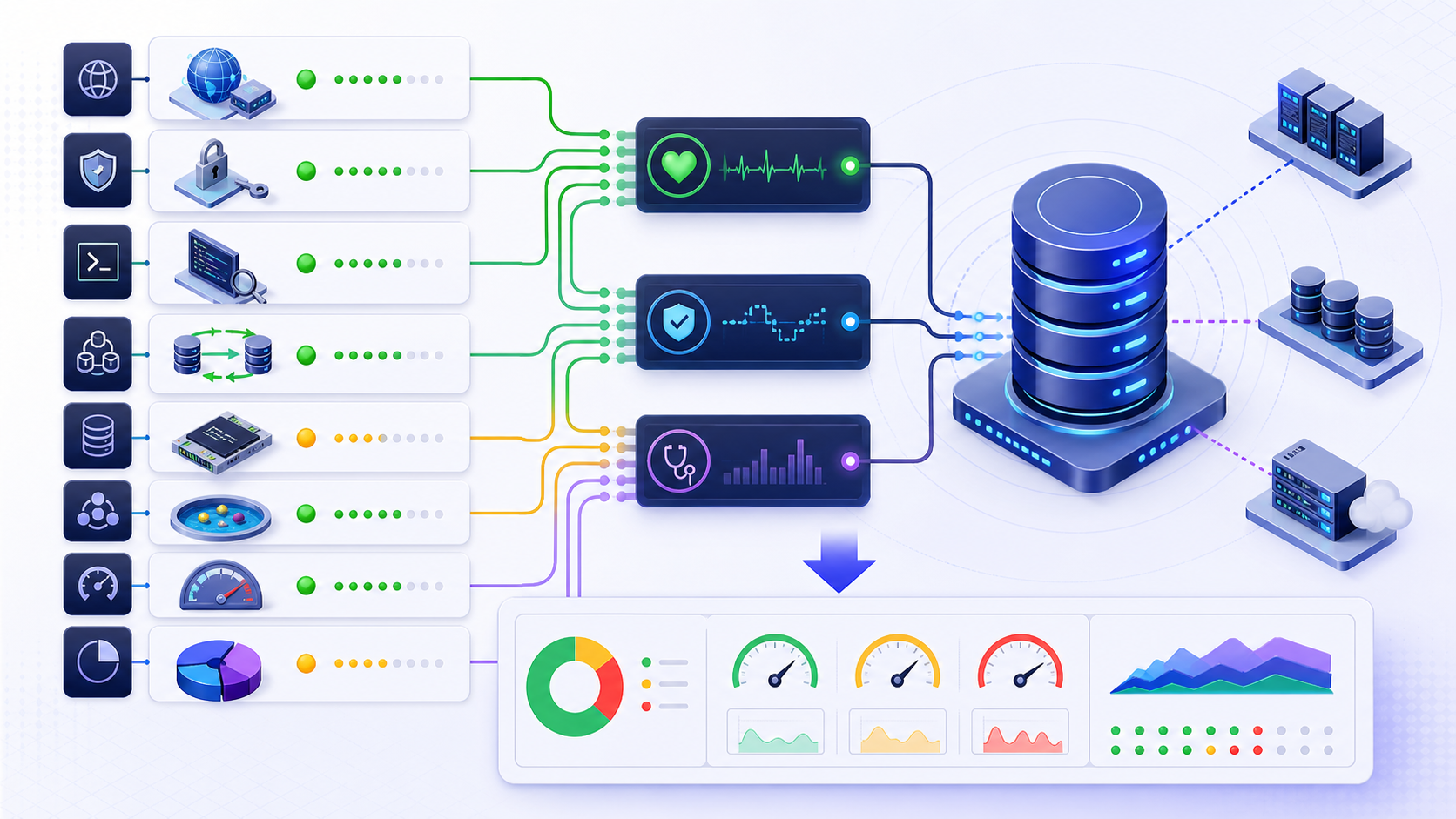Layered database health checks evaluate connectivity, TLS, authentication, a minimal query, replication, storage, connection pools, latency, and capacity before producing a report
