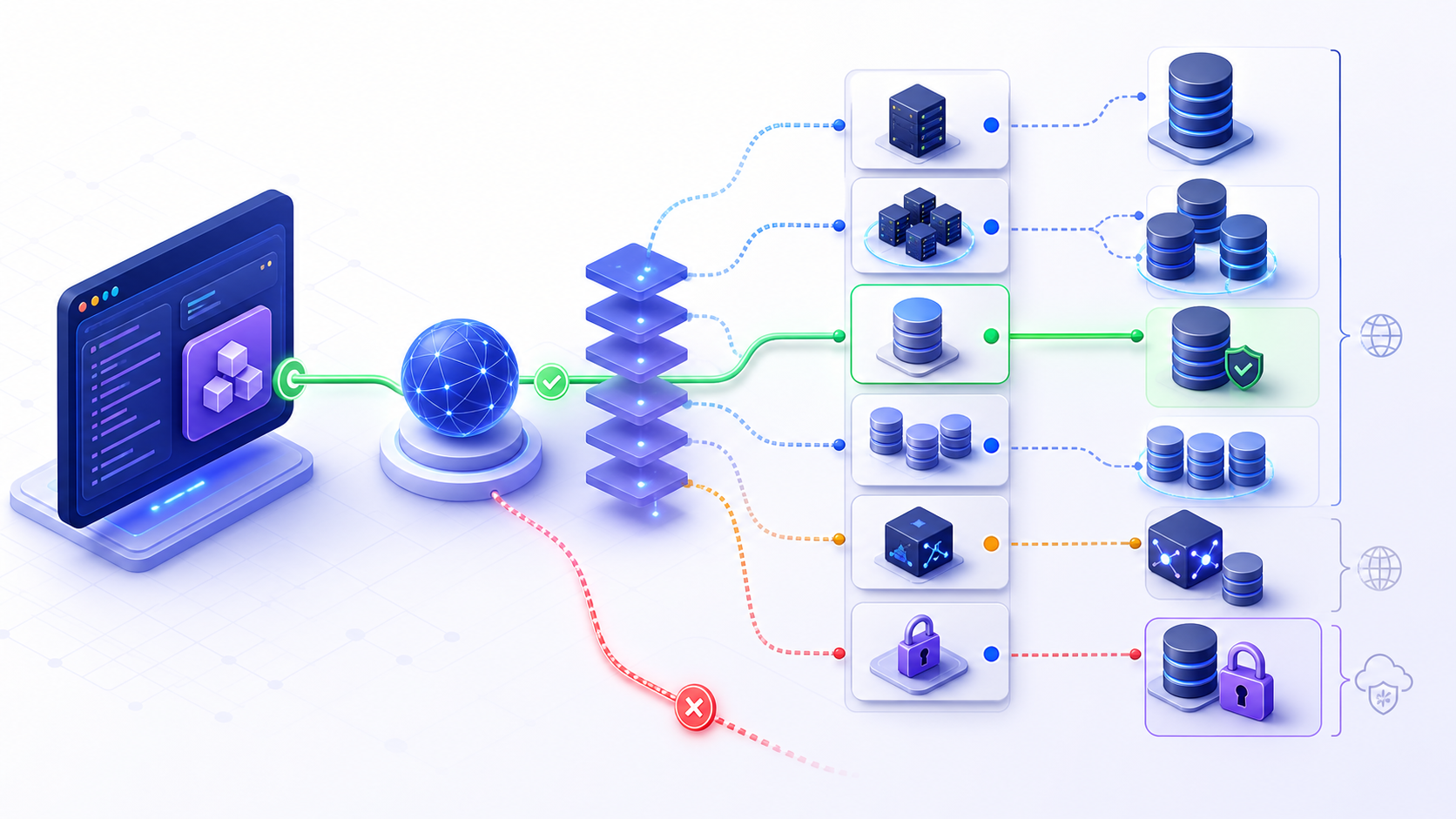 An application resolves a database hostname through DNS and endpoint selection to direct, cluster, writer, reader, proxy, and private database targets while rejecting a stale route