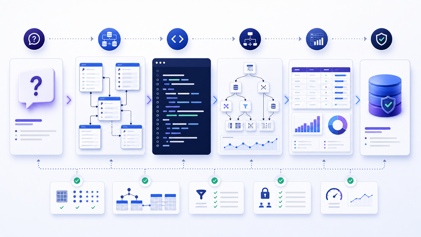 A database query lifecycle from business question and relational schema through SQL, execution plan, result table, and validation controls