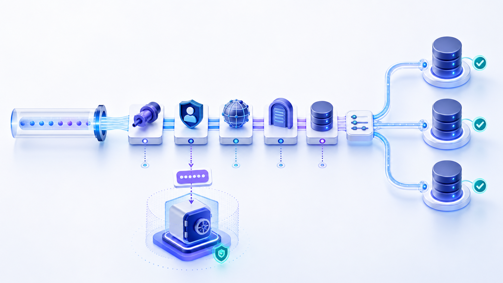 A sanitized database URL is separated into protocol, identity, host, port, database, and options while credentials move into a secure vault