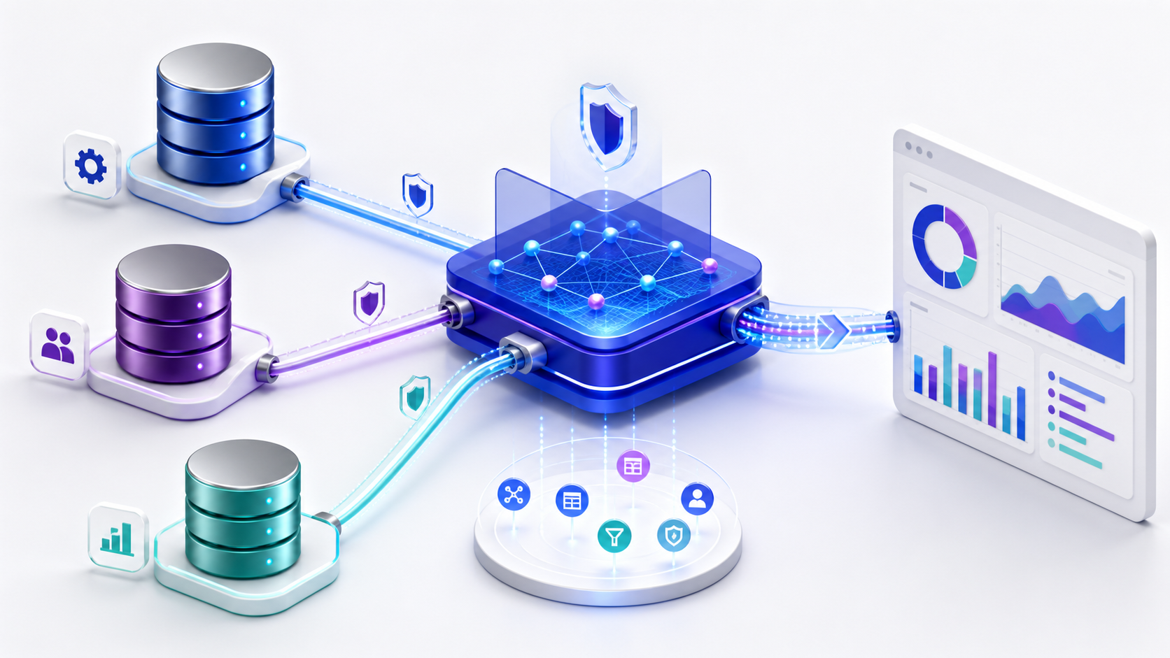 Database virtualization layer securely unifying queries across three independent source databases without copying their data