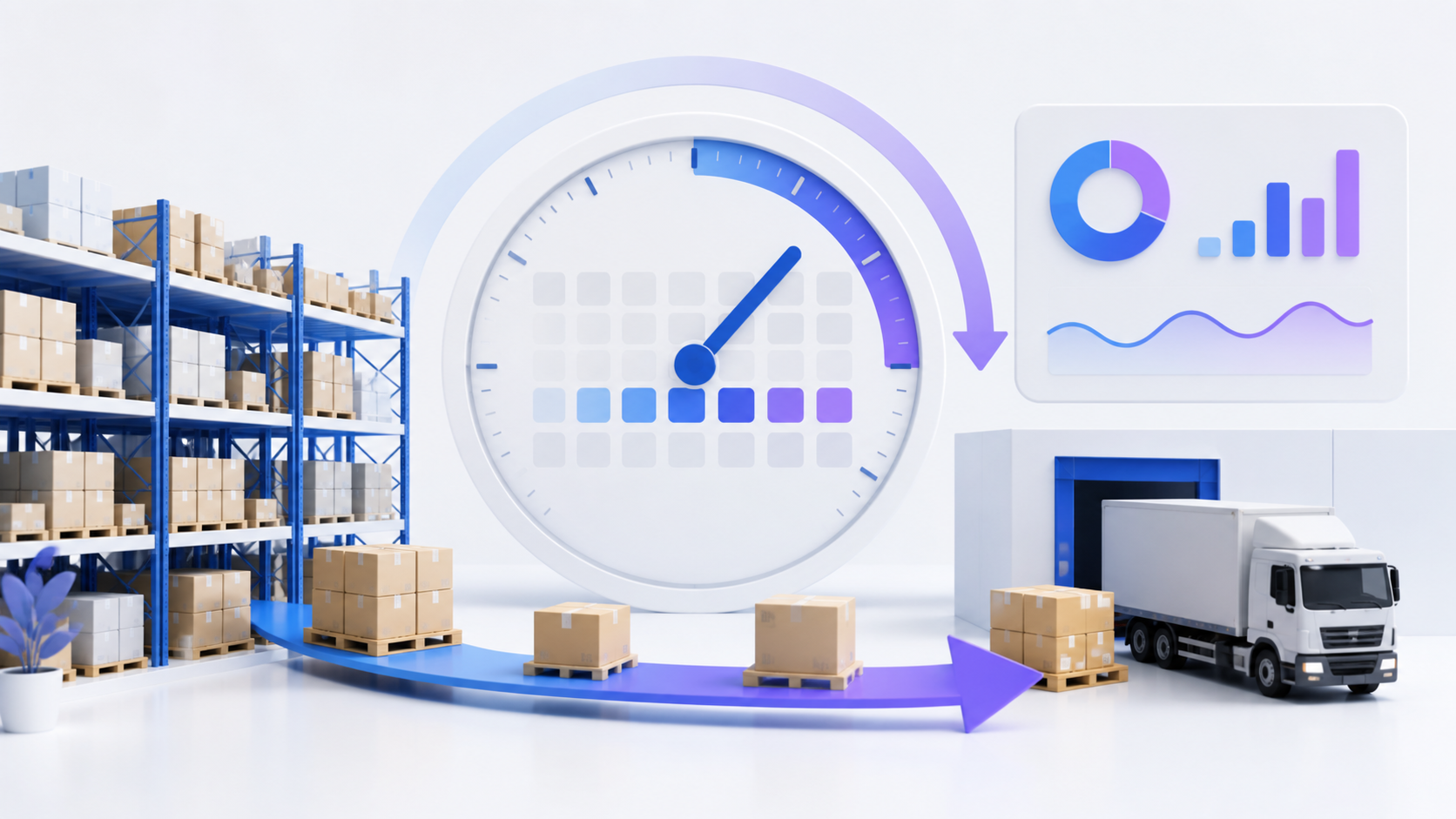 Warehouse inventory moving along a time arc toward outbound shipment with a calendar dial and supply chain analytics panel