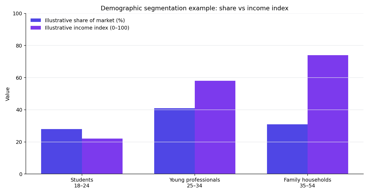 Illustrative demographic segmentation example comparing market share and income index across students, young professionals, and family households
