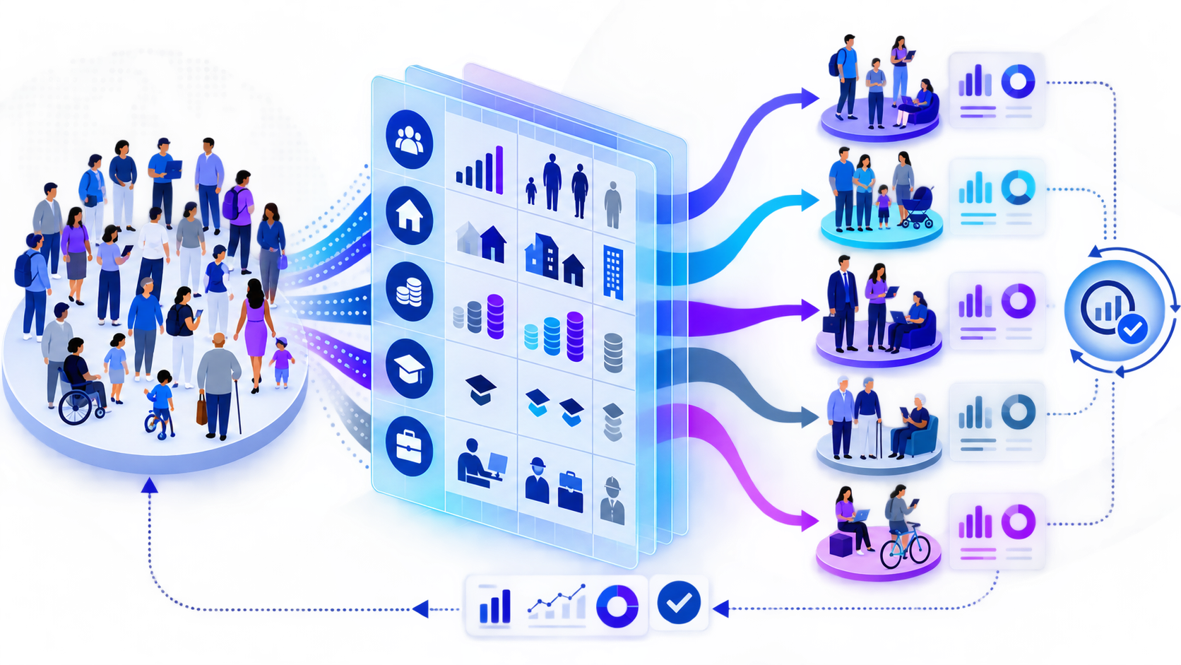 Demographic segmentation workflow from a diverse population through neutral variables to reviewed audience groups