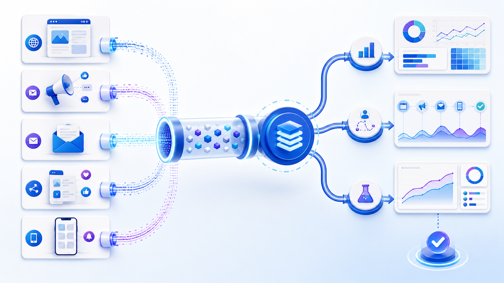 Digital marketing analytics pipeline connecting web, advertising, email, social, and mobile signals to governed analysis and optimization