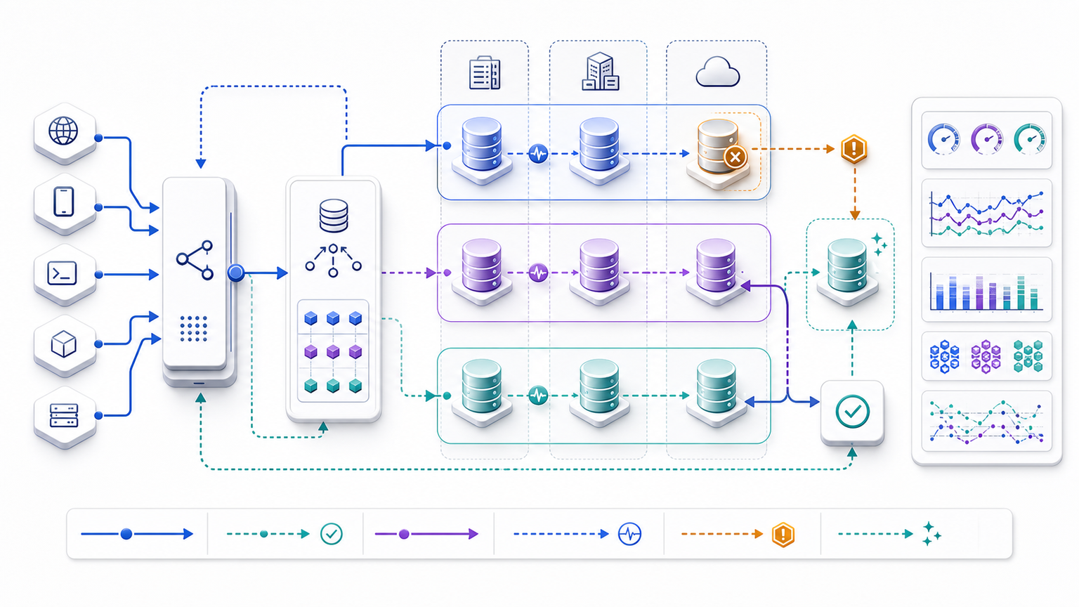 Distributed database architecture showing clients, routers and metadata directing requests to partitioned replica groups while consensus, transactions and observability coordinate node and network failures