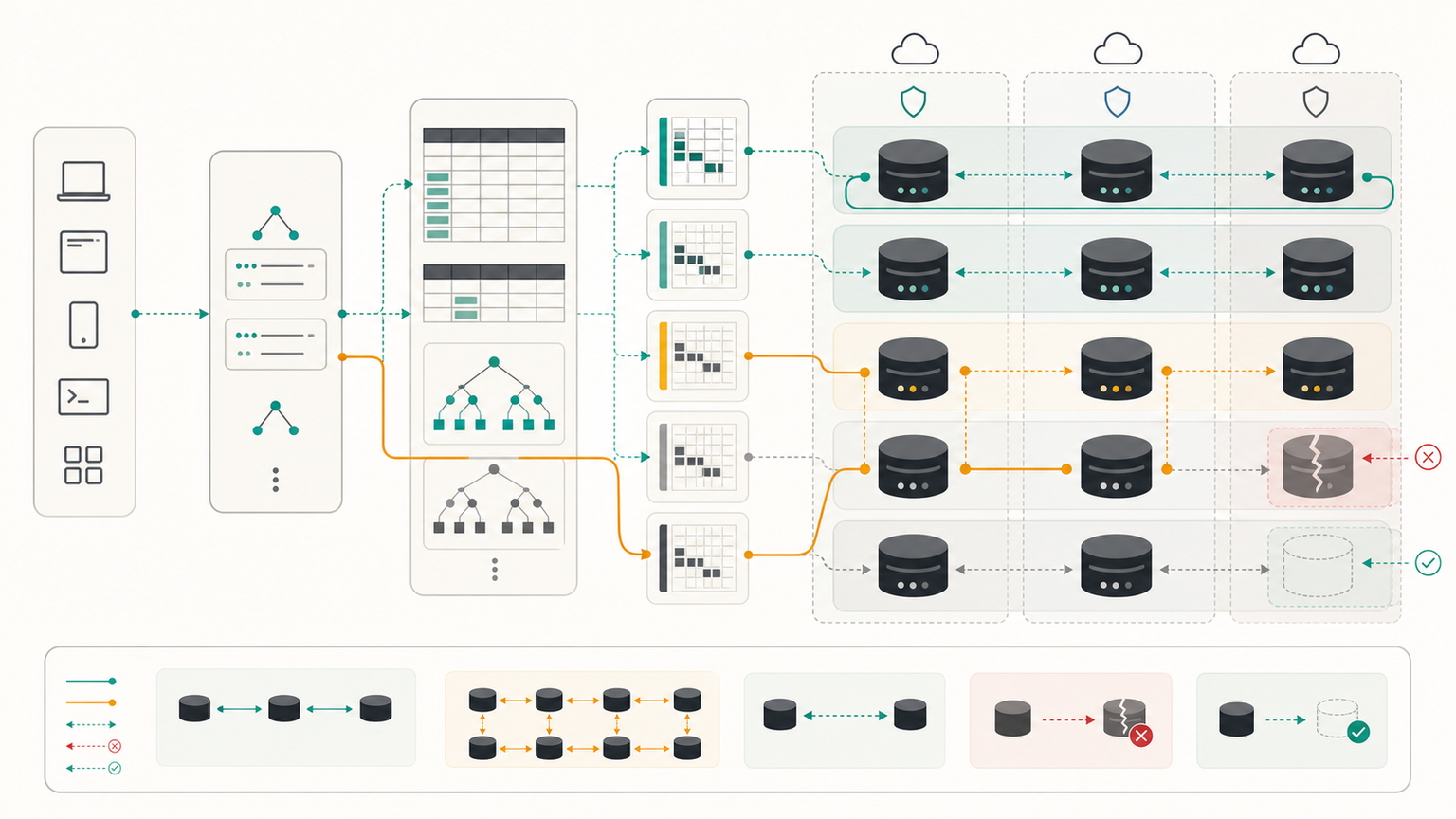Distributed SQL architecture showing SQL clients and query coordinators routing relational tables and transactions to partitioned replica groups across failure zones