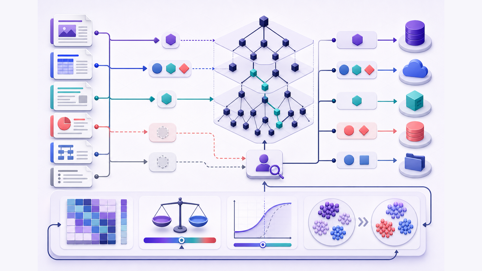 Document classification system showing single-label, multi-label and hierarchical taxonomy paths, unknown-document review, class-level evaluation, confidence thresholds and drift monitoring
