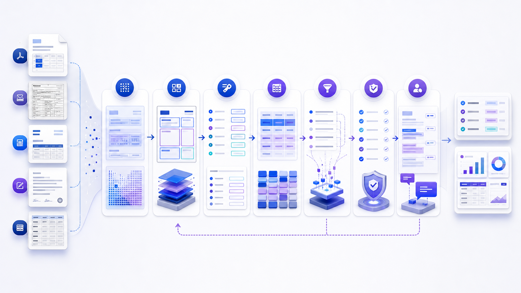 Document data extraction workflow from source files through OCR, layout and field extraction, validation, human review, and structured records