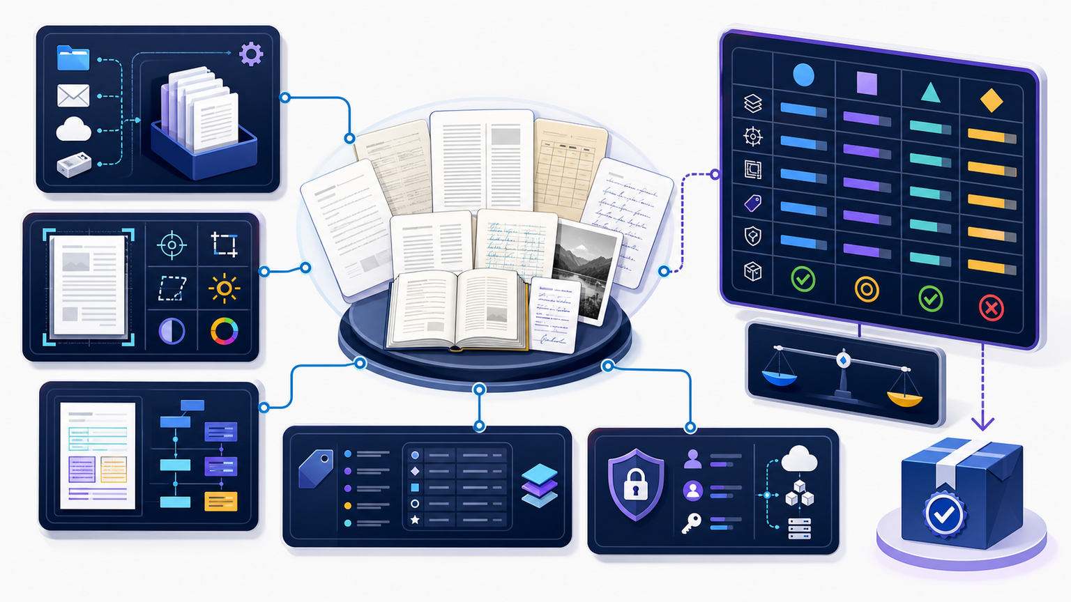 Document digitization software evaluation workbench comparing capture, image quality, OCR, metadata, security, integration and package validation against a representative test corpus