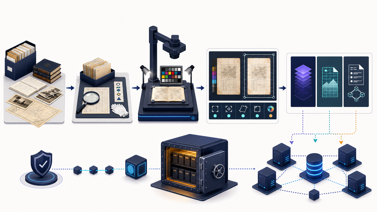 Document digitization workflow from physical records and preparation through controlled capture, image quality review, preservation masters, searchable copies, metadata, checksums and redundant storage