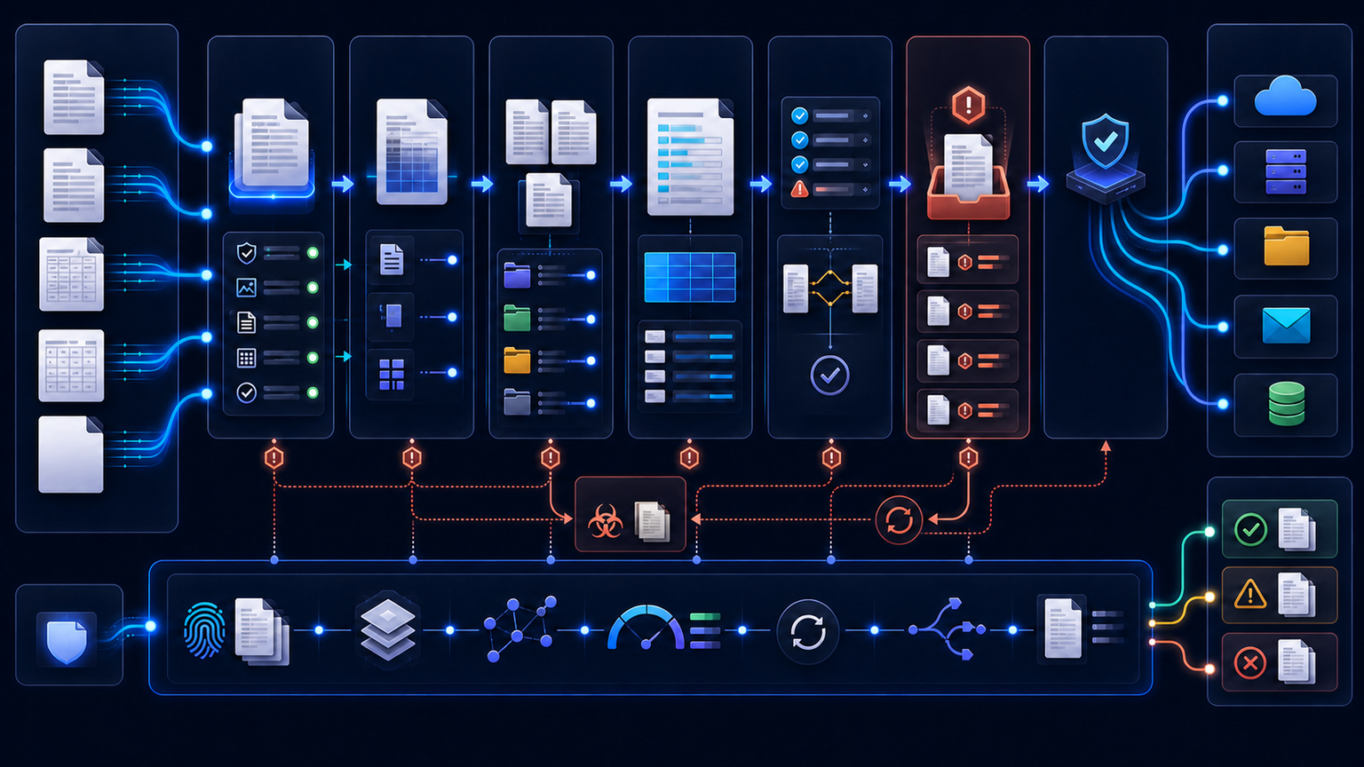 Document processing software workflow showing controlled intake, OCR and native parsing, packet splitting, classification, field and table extraction, validation, human review, routing and traceable downstream outputs