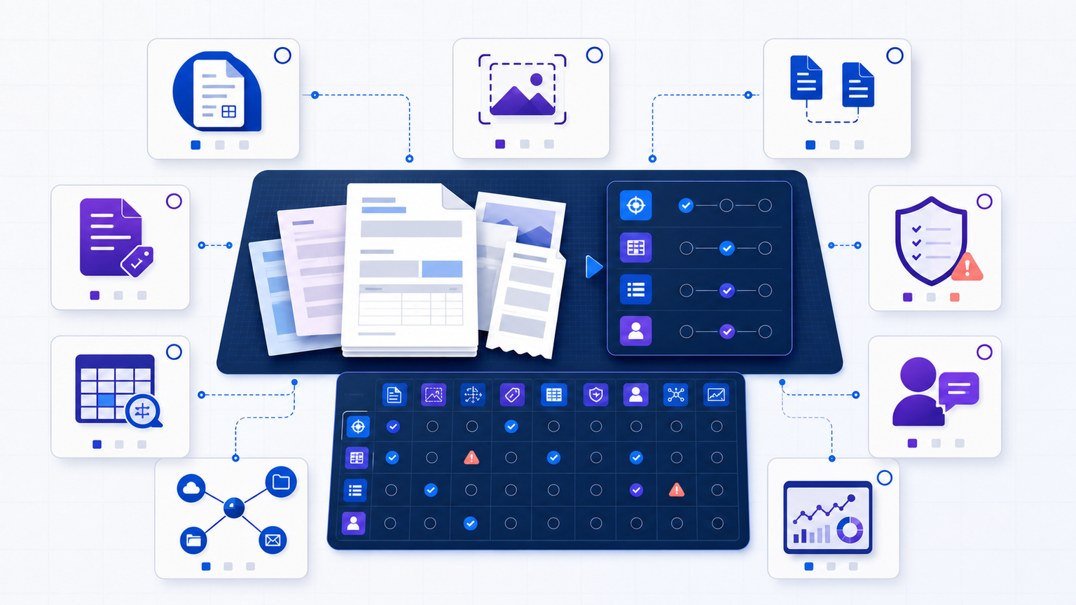 Modular document processing tools workbench mapping a document task to parsing, OCR, splitting, classification, extraction, validation, review, routing and monitoring components