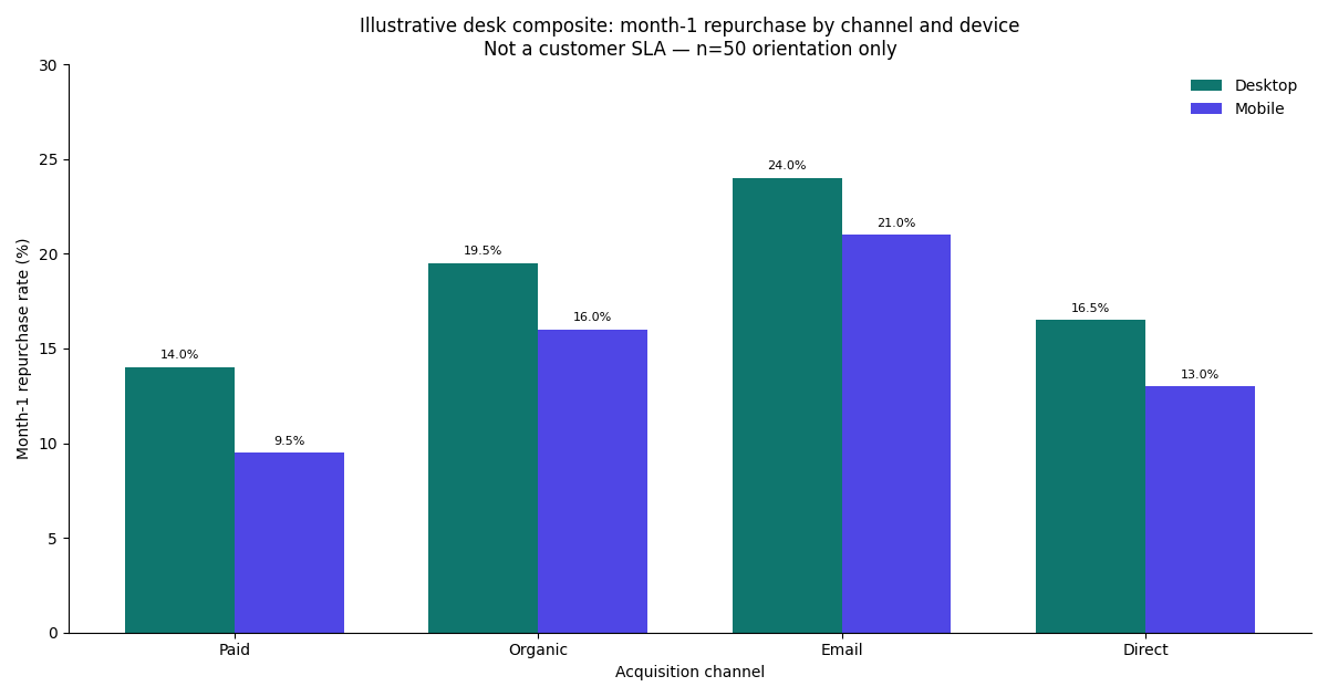 Illustrative grouped bar chart: month-1 repurchase rate by acquisition channel (Paid, Organic, Email, Direct) and device (Desktop vs Mobile). Desk composite, not a customer SLA.