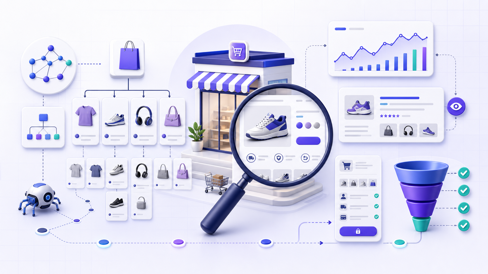 Ecommerce SEO audit map connecting a store catalog, product inspection, search performance, and conversion funnel