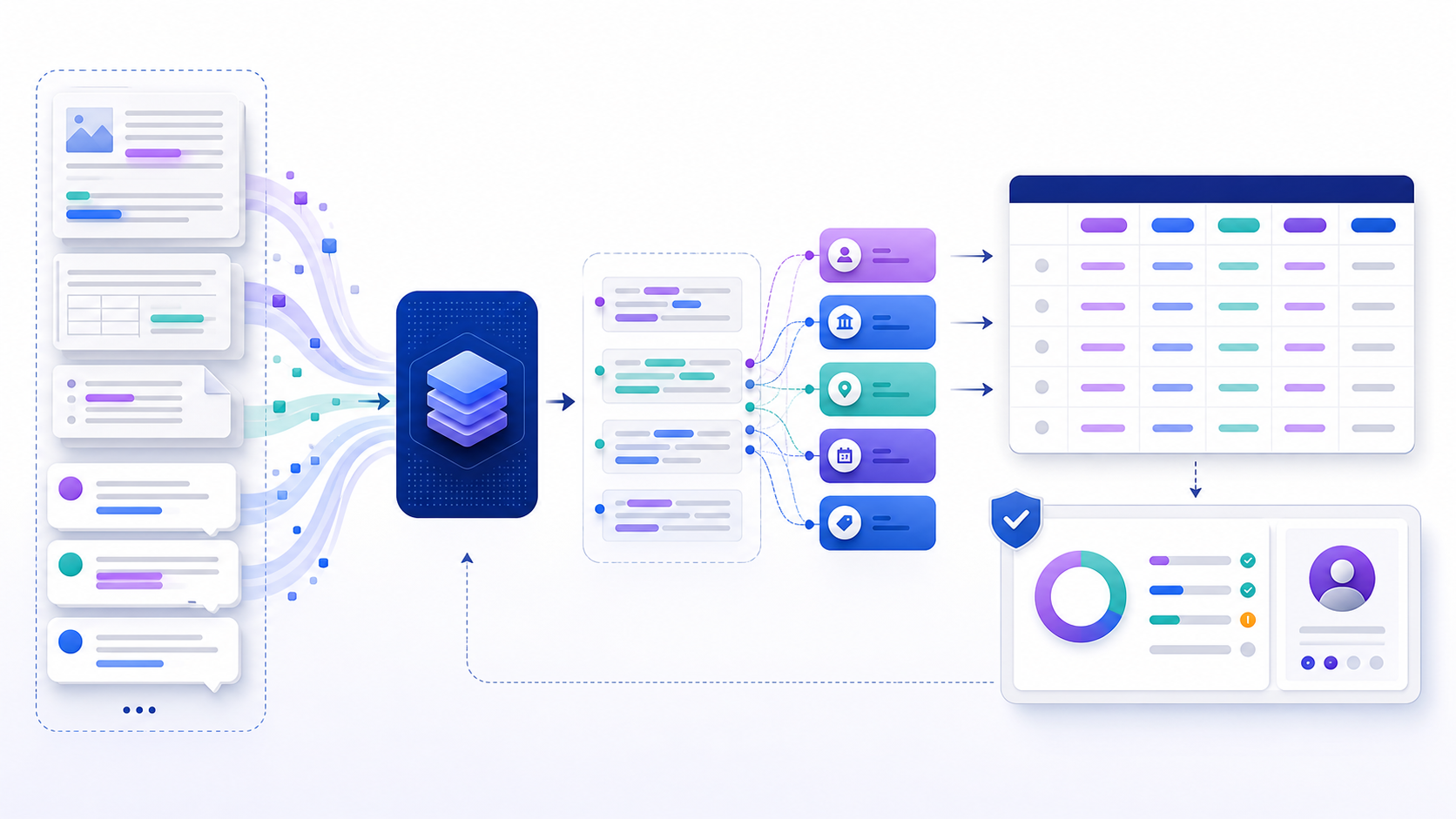 Entity extraction tools workflow from mixed documents through span classification to structured records and quality review