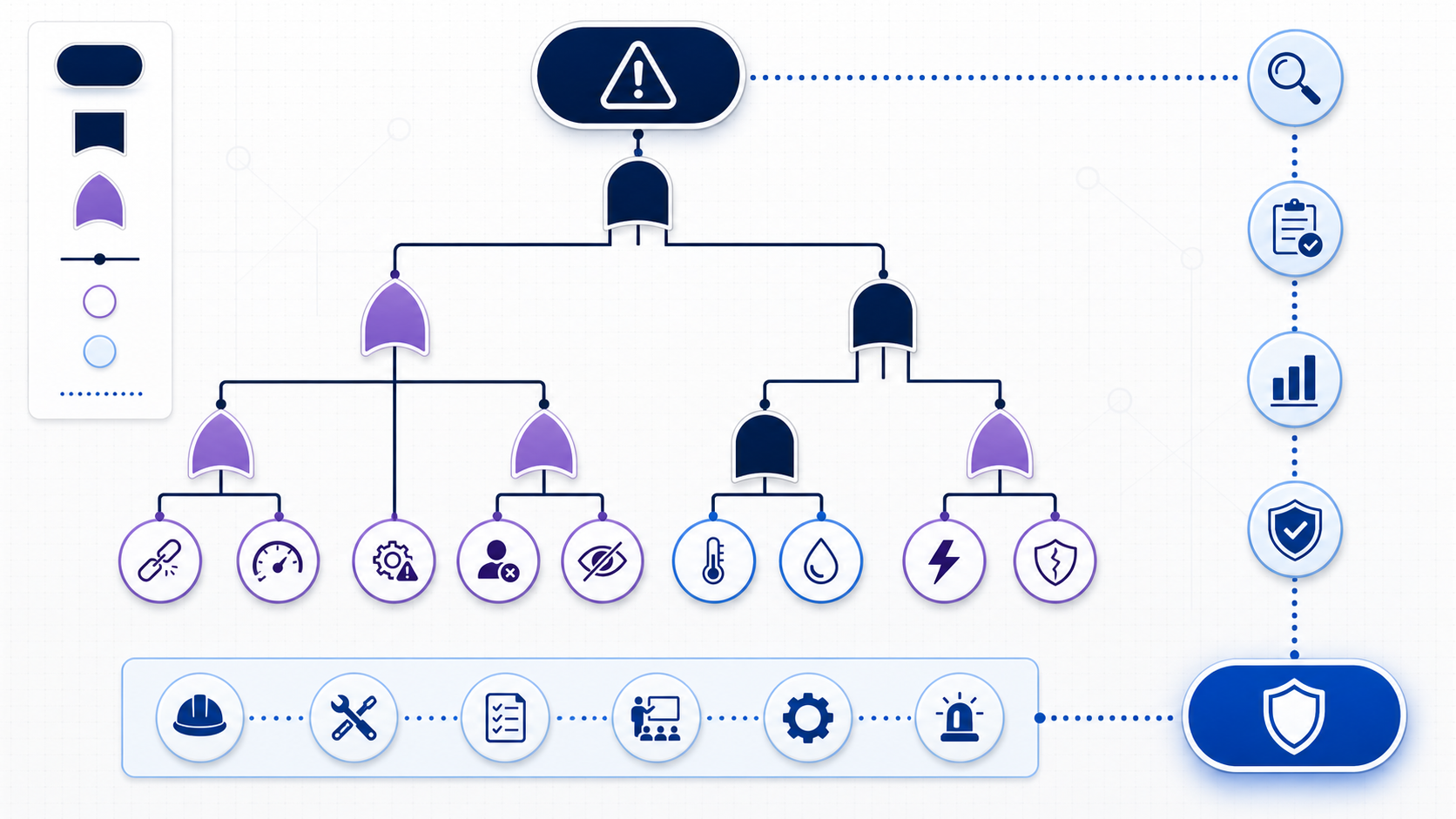 Fault tree analysis from a top event through distinct AND and OR gates to basic events, evidence validation, and risk controls