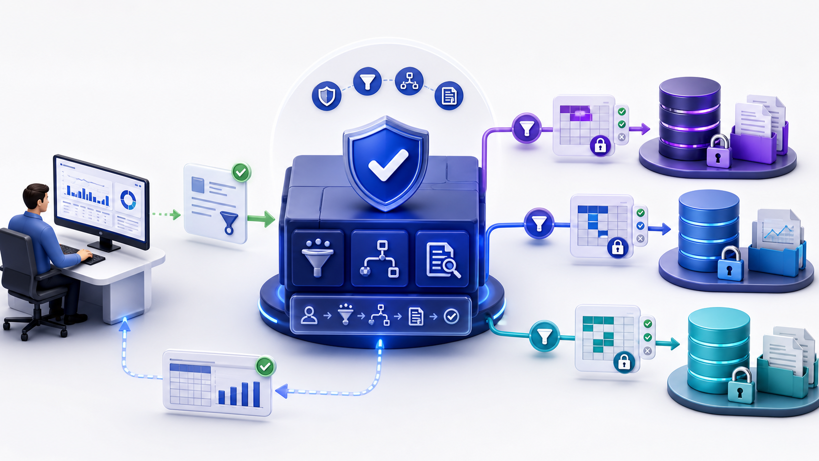Federated access policy layer enforcing least-privilege rules, lineage, and audit controls across three autonomous data sources