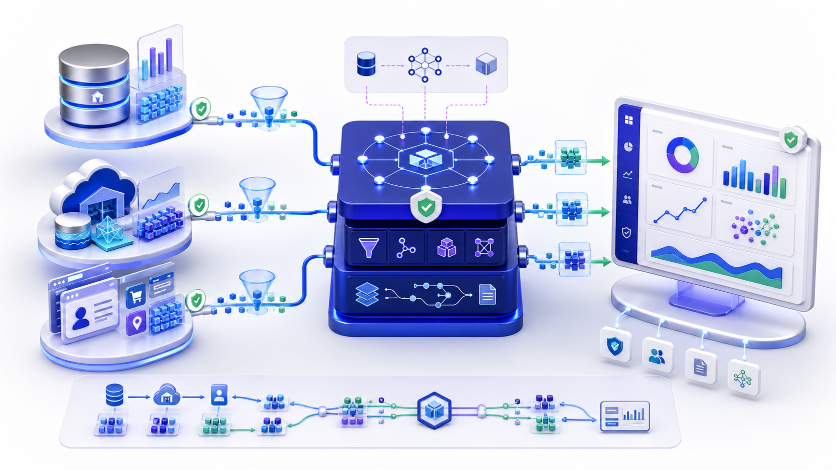 Federated analytics query layer combining governed data from operational databases and a lakehouse into one traceable BI dashboard