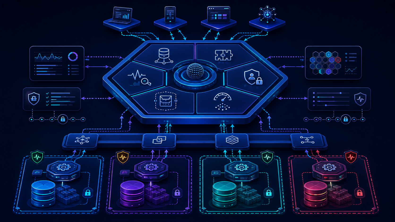 Federated database system architecture with clients, catalog, schema, identity, optimizer, transaction and observability services coordinating wrappers and four autonomous component databases