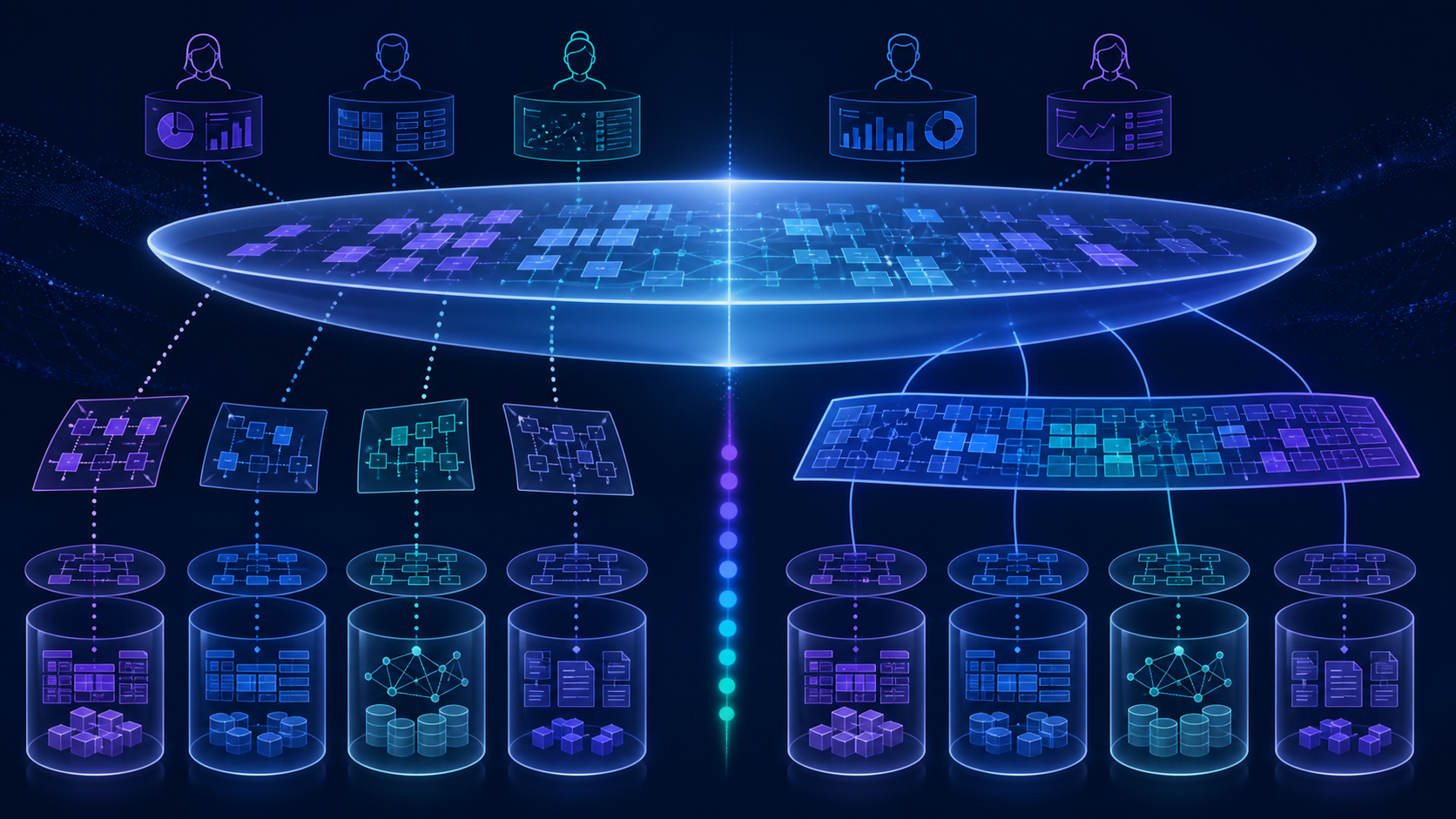 A federated database logical lens comparing multiple loosely coupled user schemas with one tightly coupled shared schema while autonomous databases retain local data