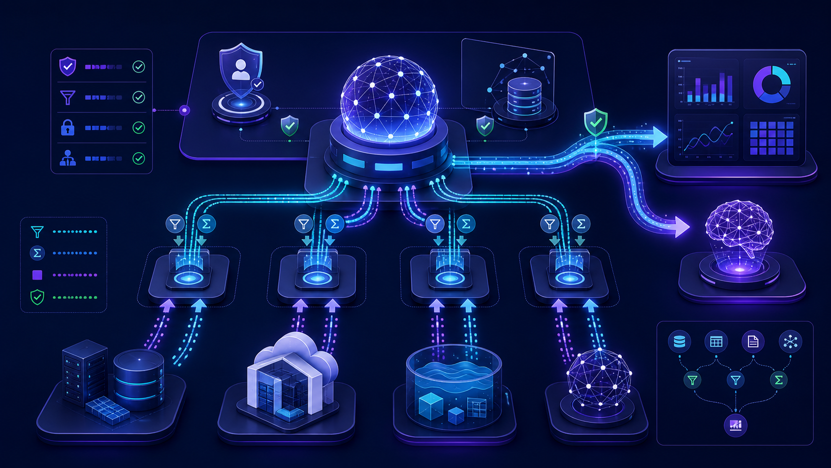 Federated query engine coordinating governed connectors, predicate pushdown, and unified results across heterogeneous data sources