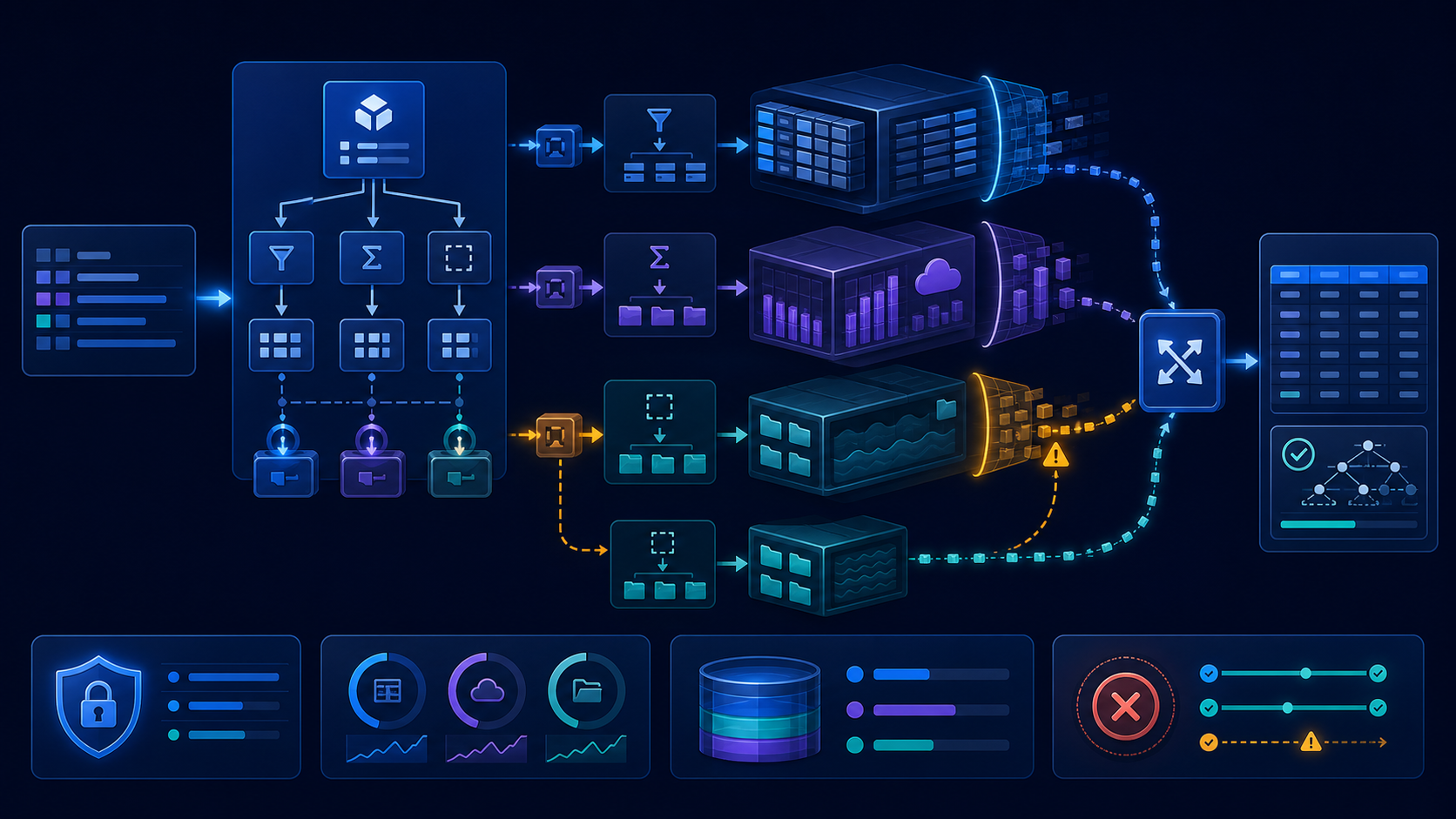 Federated query architecture decomposing a logical plan into connector-specific subplans, pushing filters and aggregations to autonomous sources, and joining bounded results