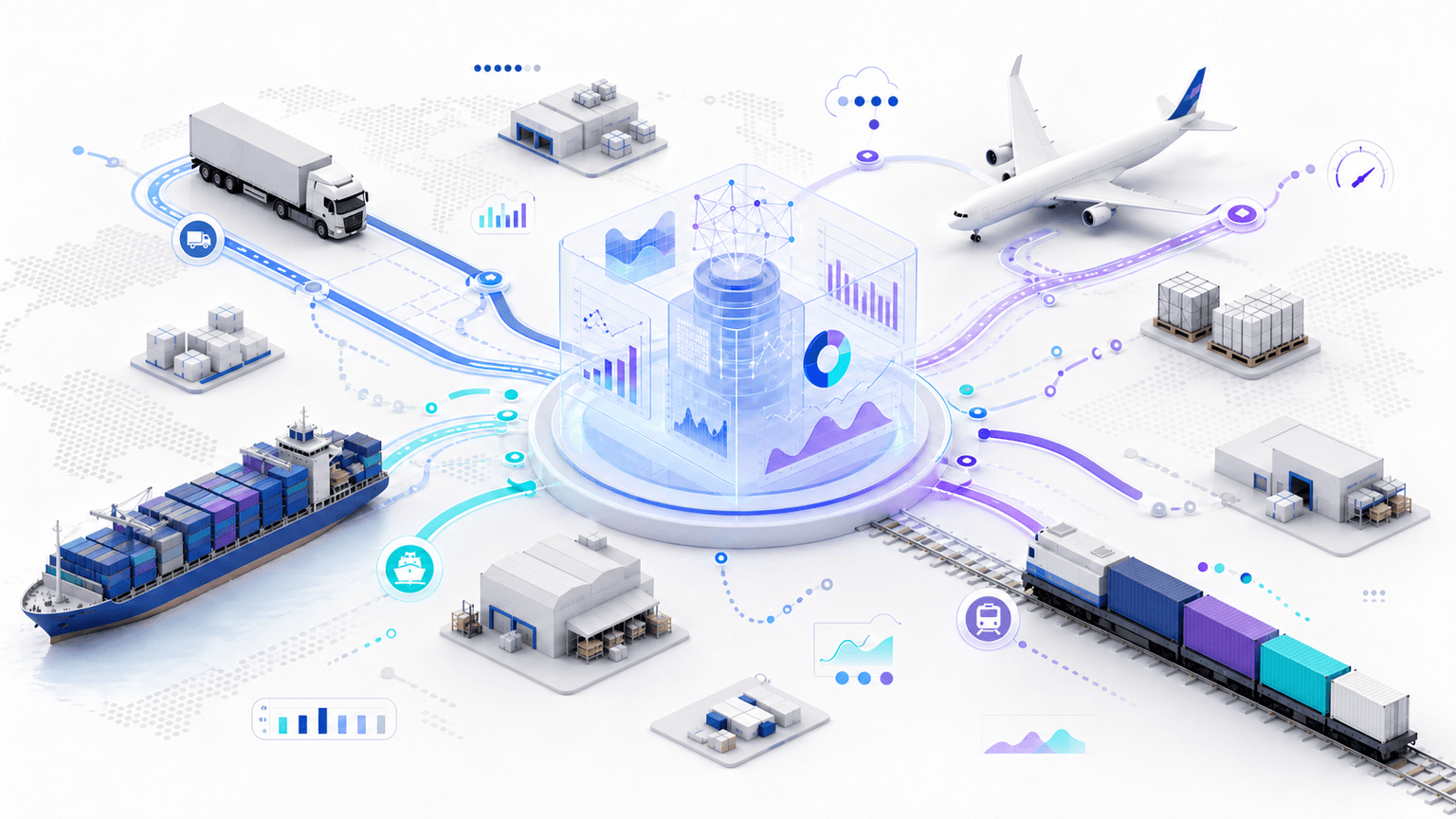 Multimodal freight analytics network connecting truck, ocean, rail, and air movements to cost, service, utilization, and emissions signals